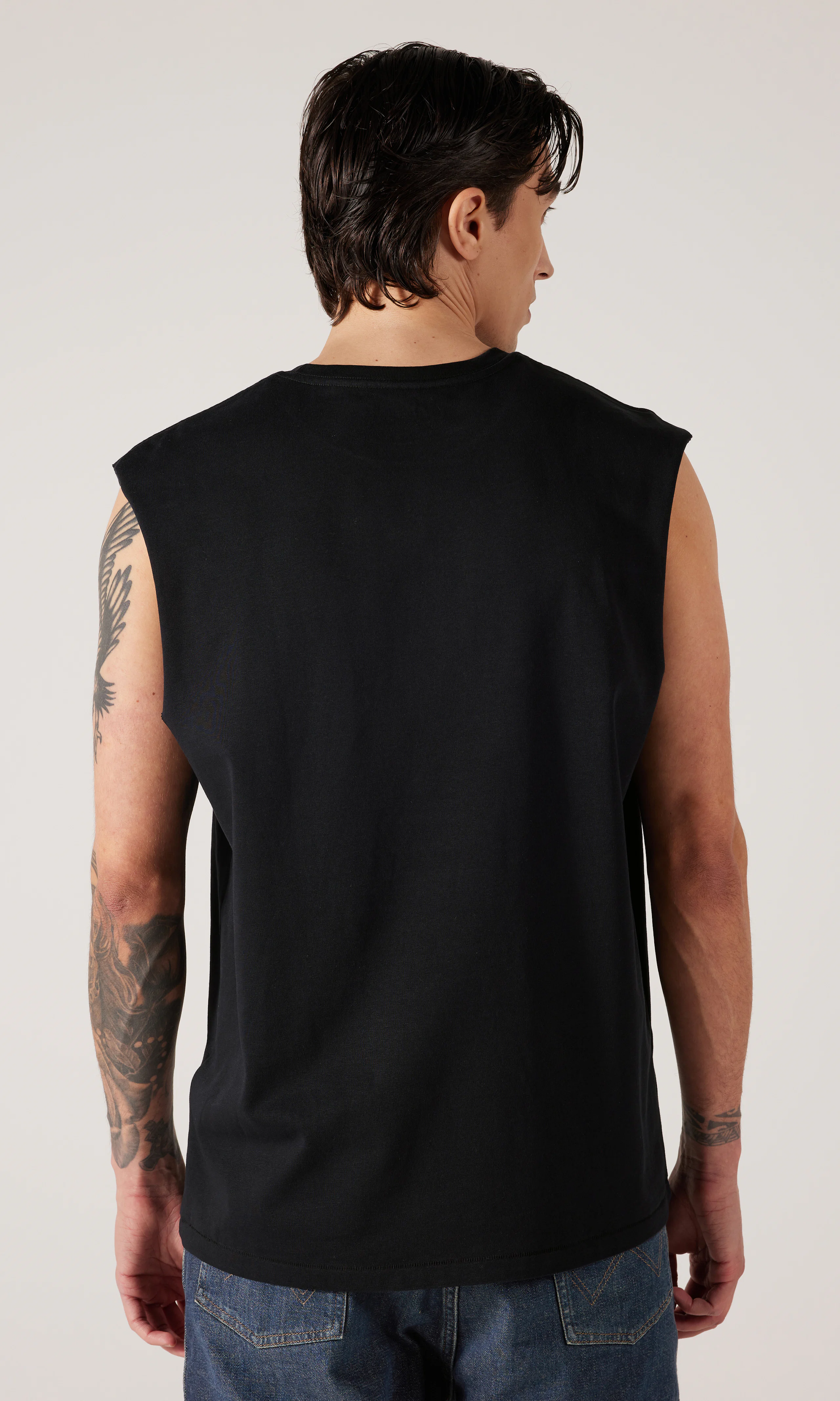 Graphic Muscle Tank. Back. Model.