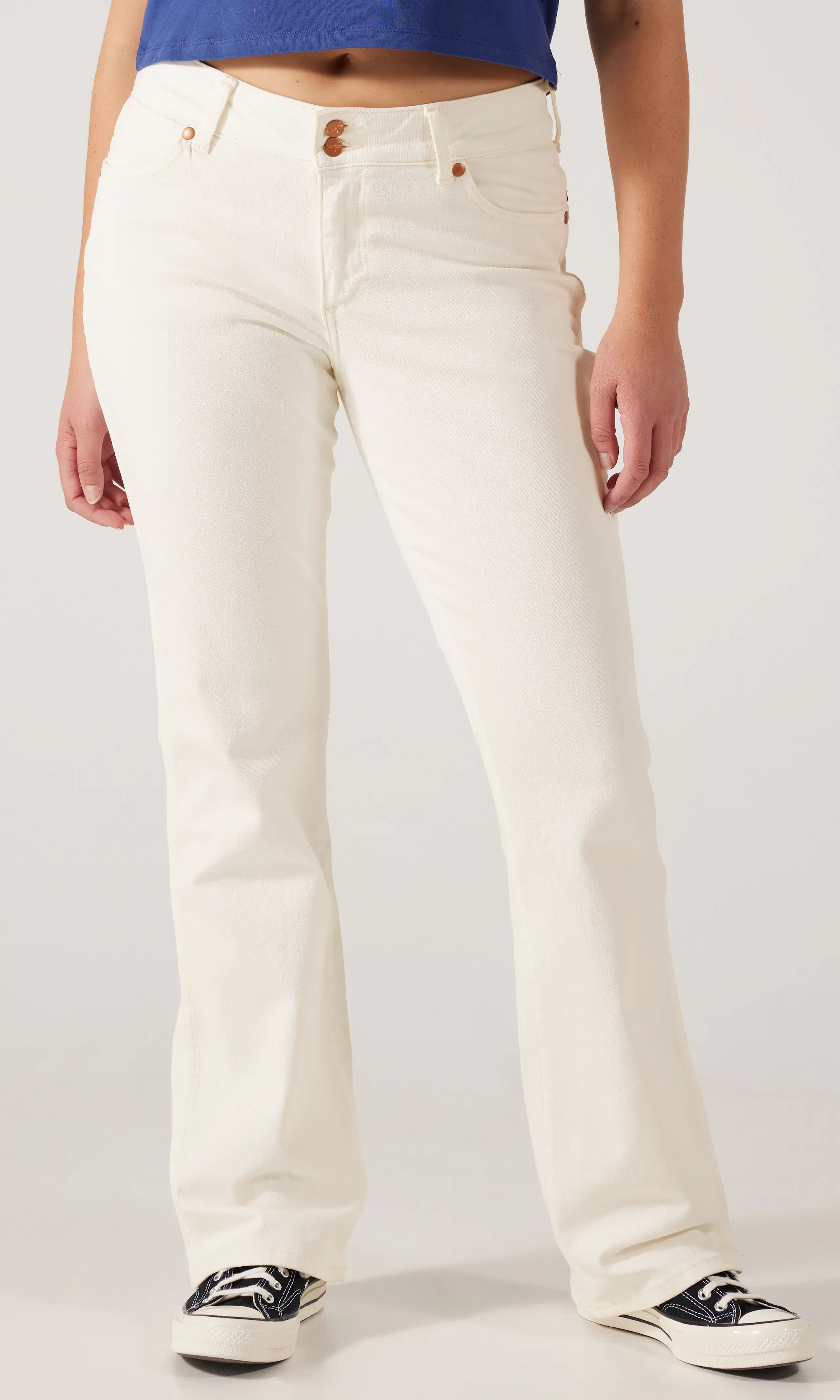 Low Rise Bold Boot Jeans. Front. Model.