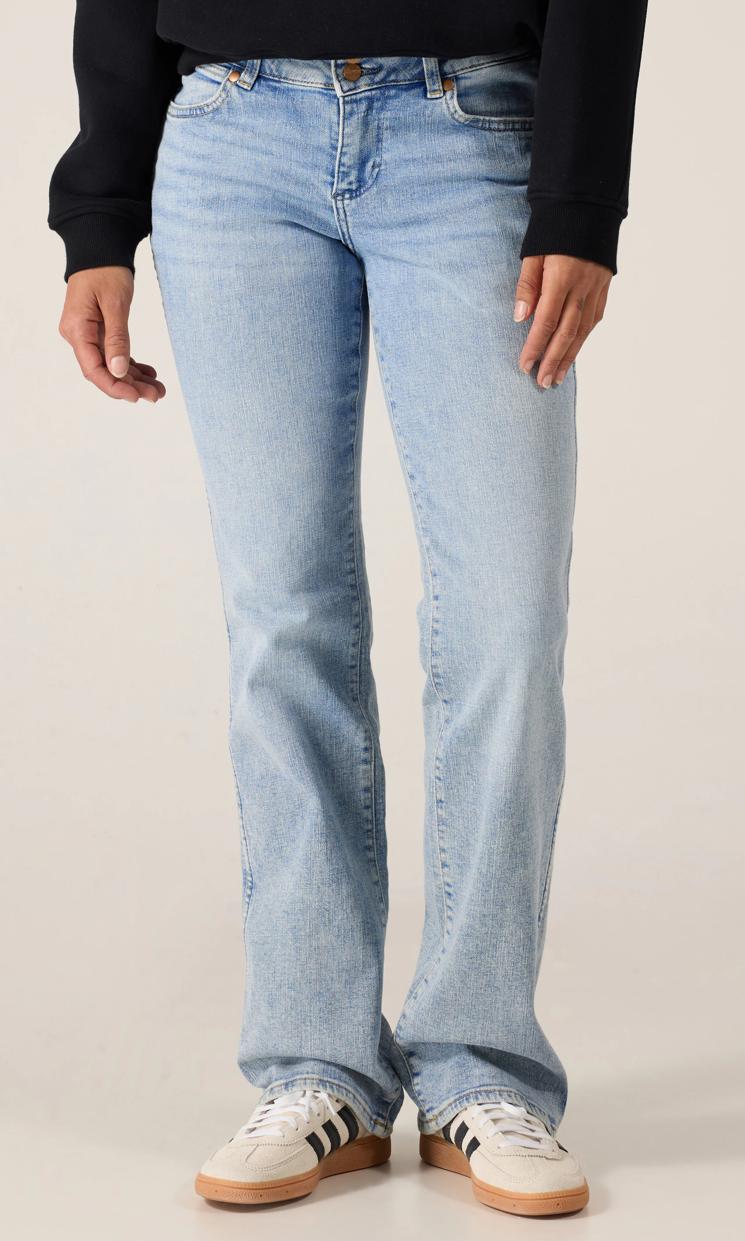 Low Rise Bold Boot Jeans. Front. Model.