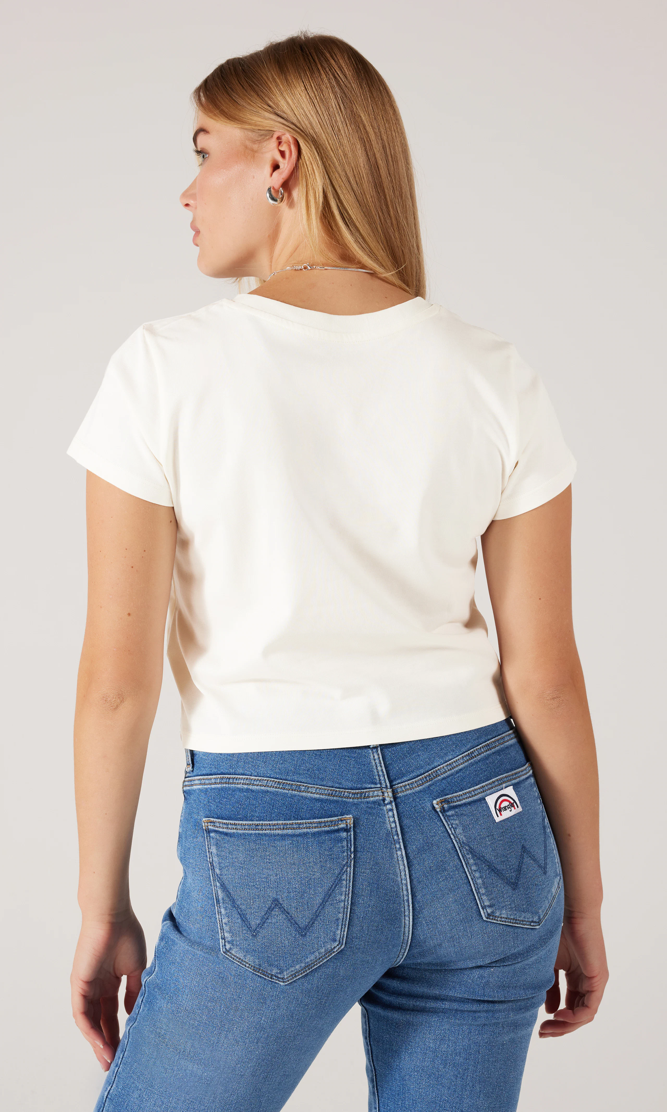 Baby Tee T-Shirt. Back. Model.