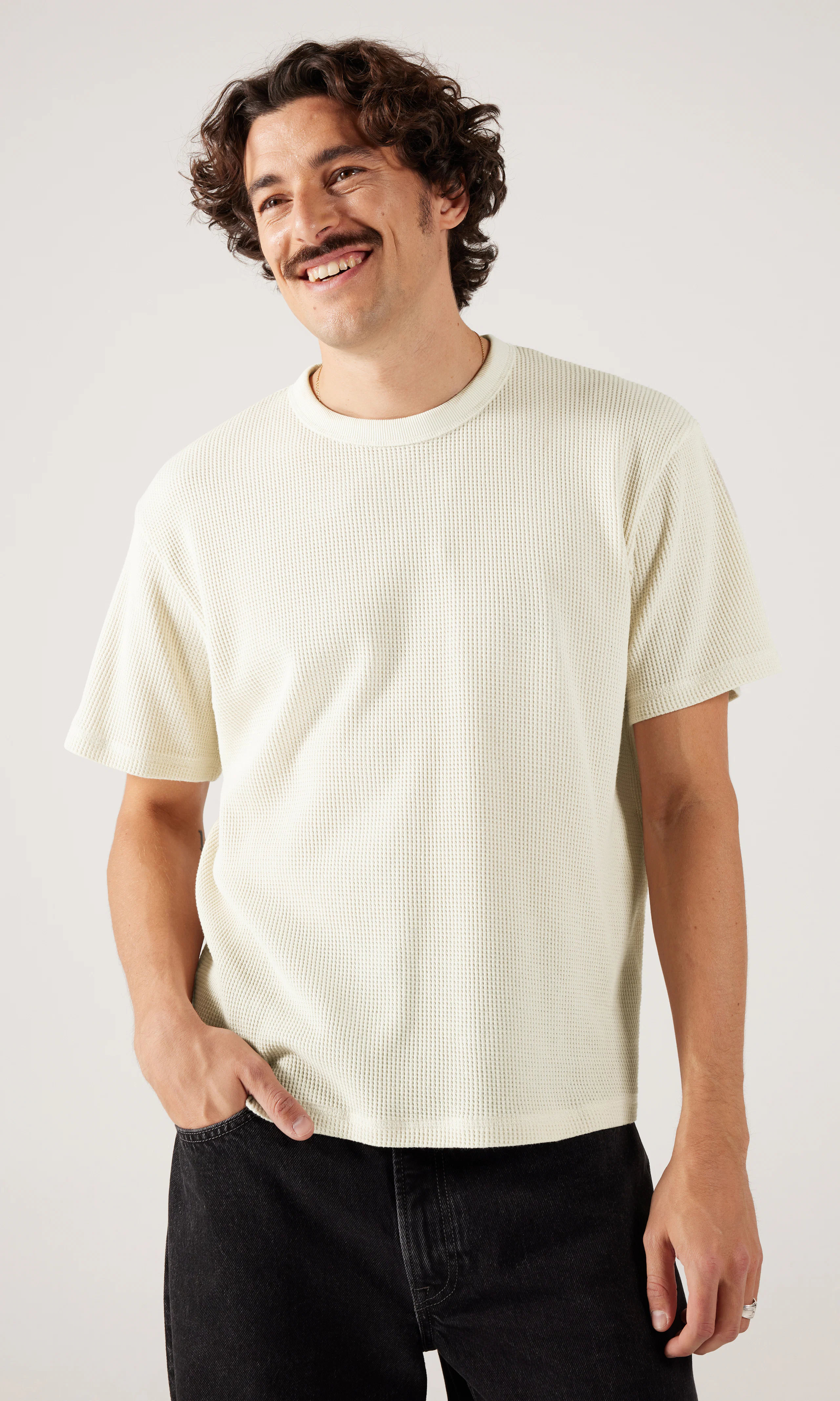Waffle T-Shirt. Front. Model.