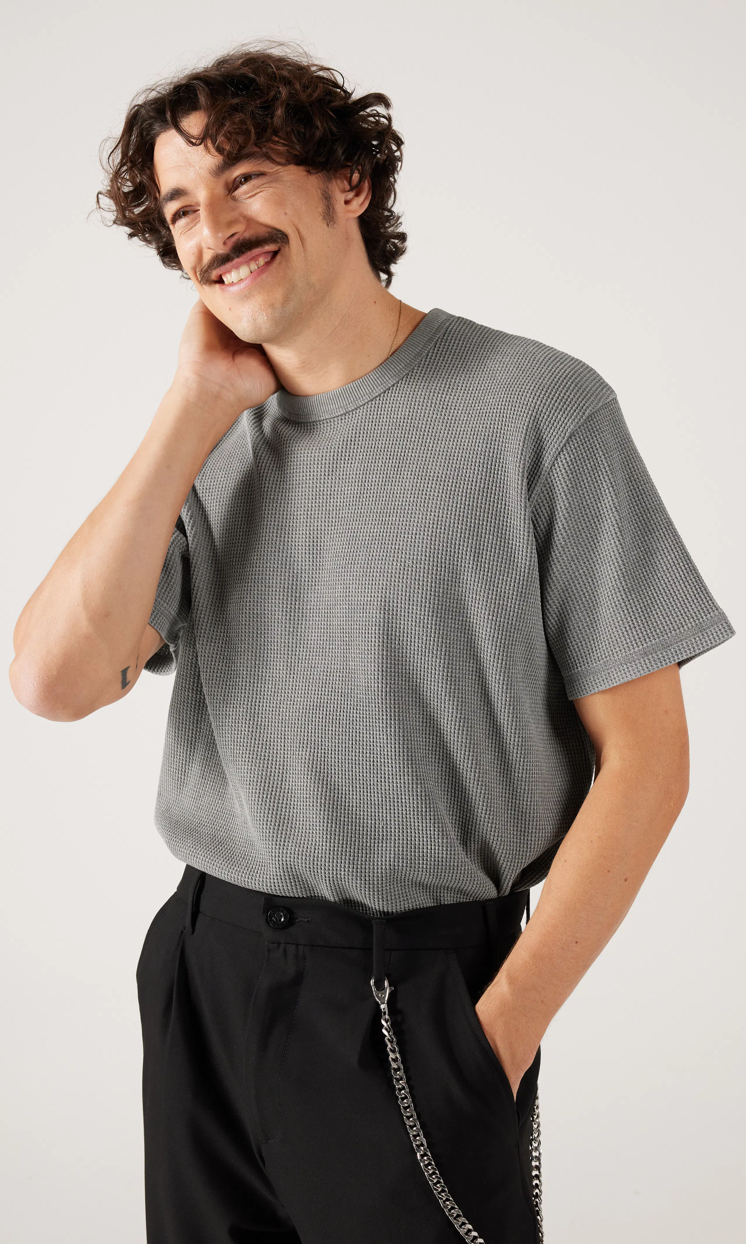 Waffle T-Shirt. Front. Model.