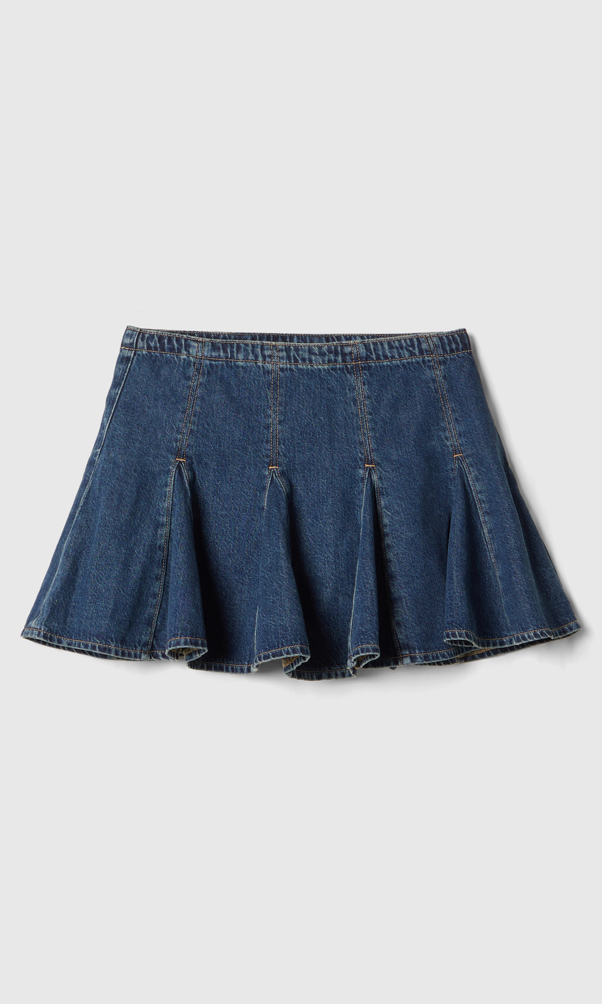 Godet Mørk Blå Mini Skjørt. Front. Flat.