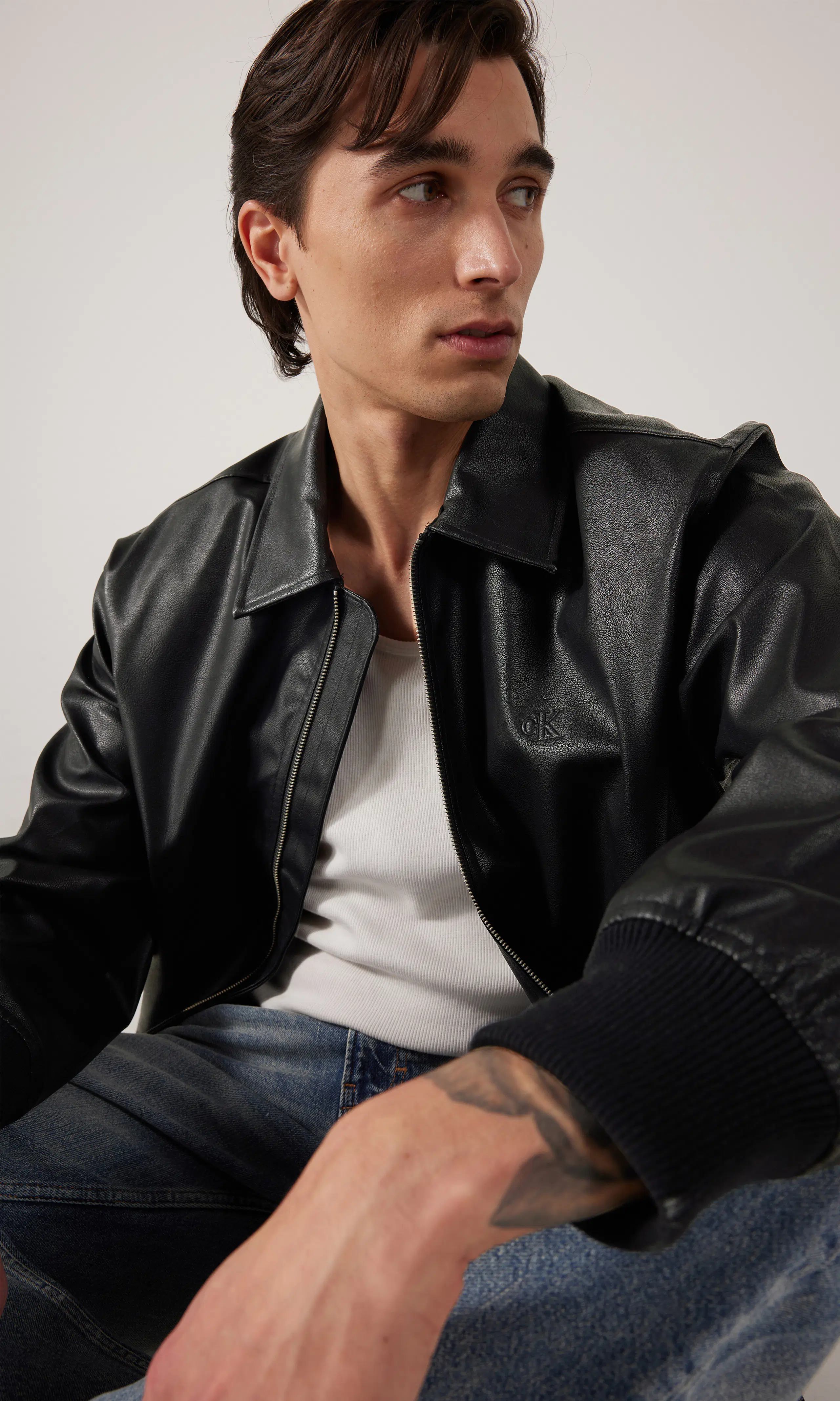 Faux Leather Bomber Jacka. Front. Model.