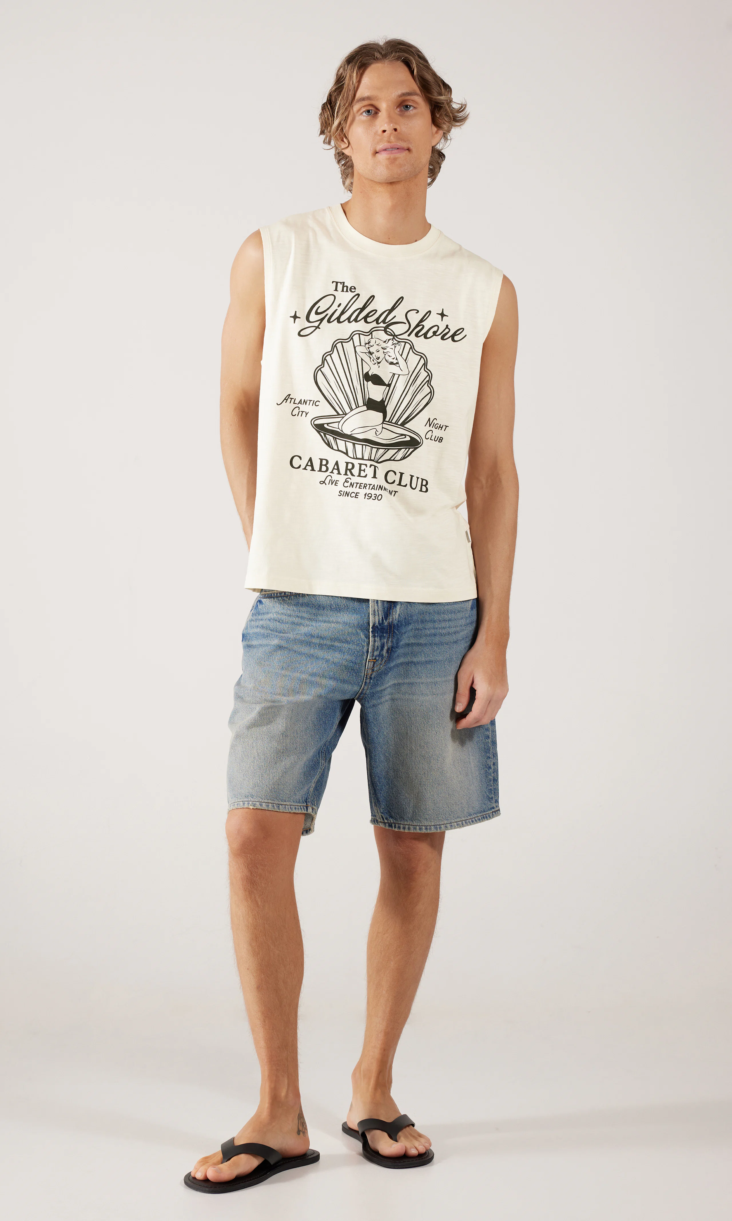 Cabaret Cut Tank Top. Front 1. Model.