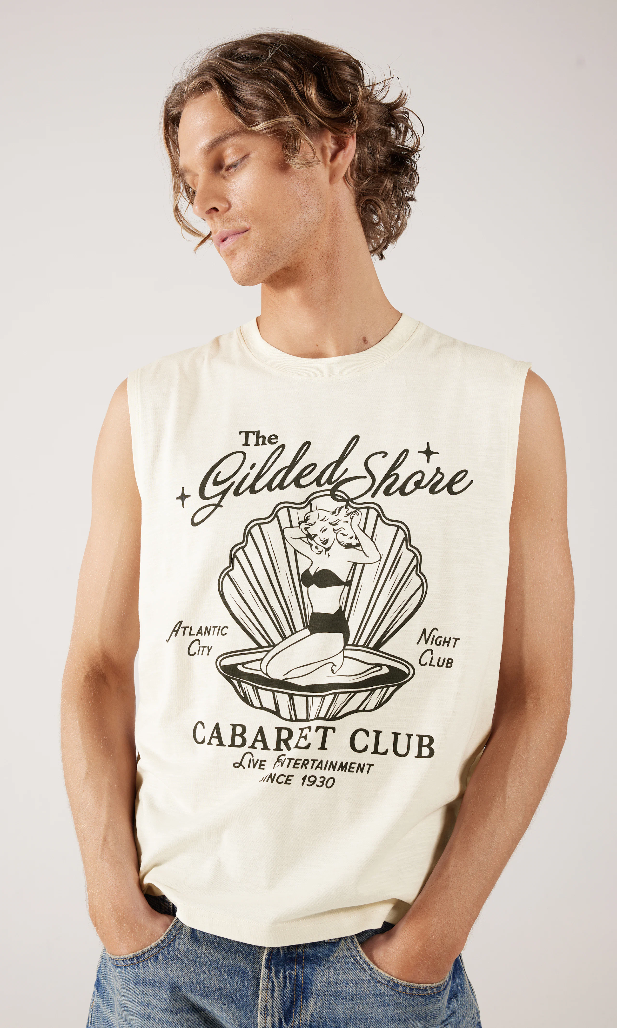 Cabaret Cut Tank Top. Front. Model.