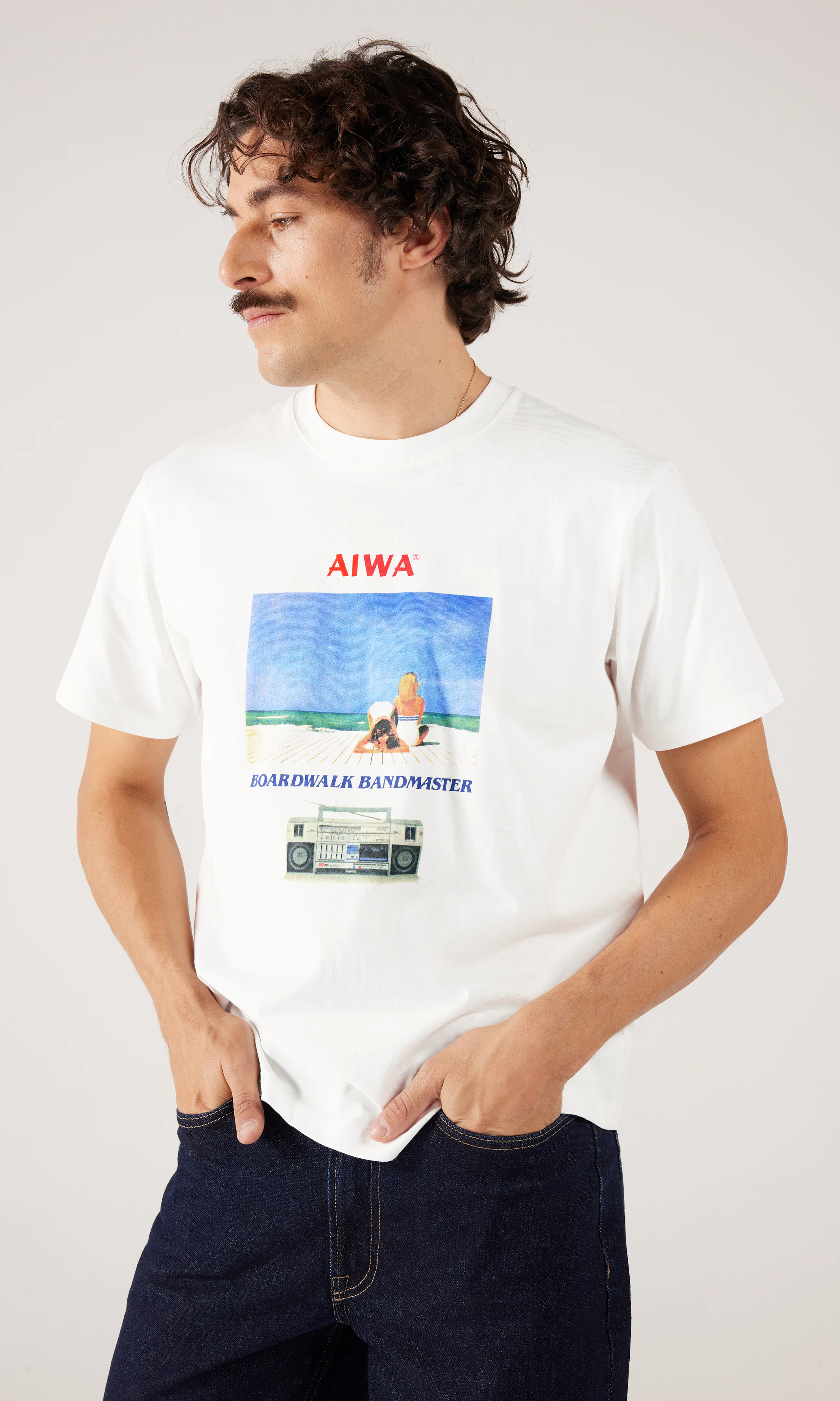 Aiwa T-Shirt. Front. Model.