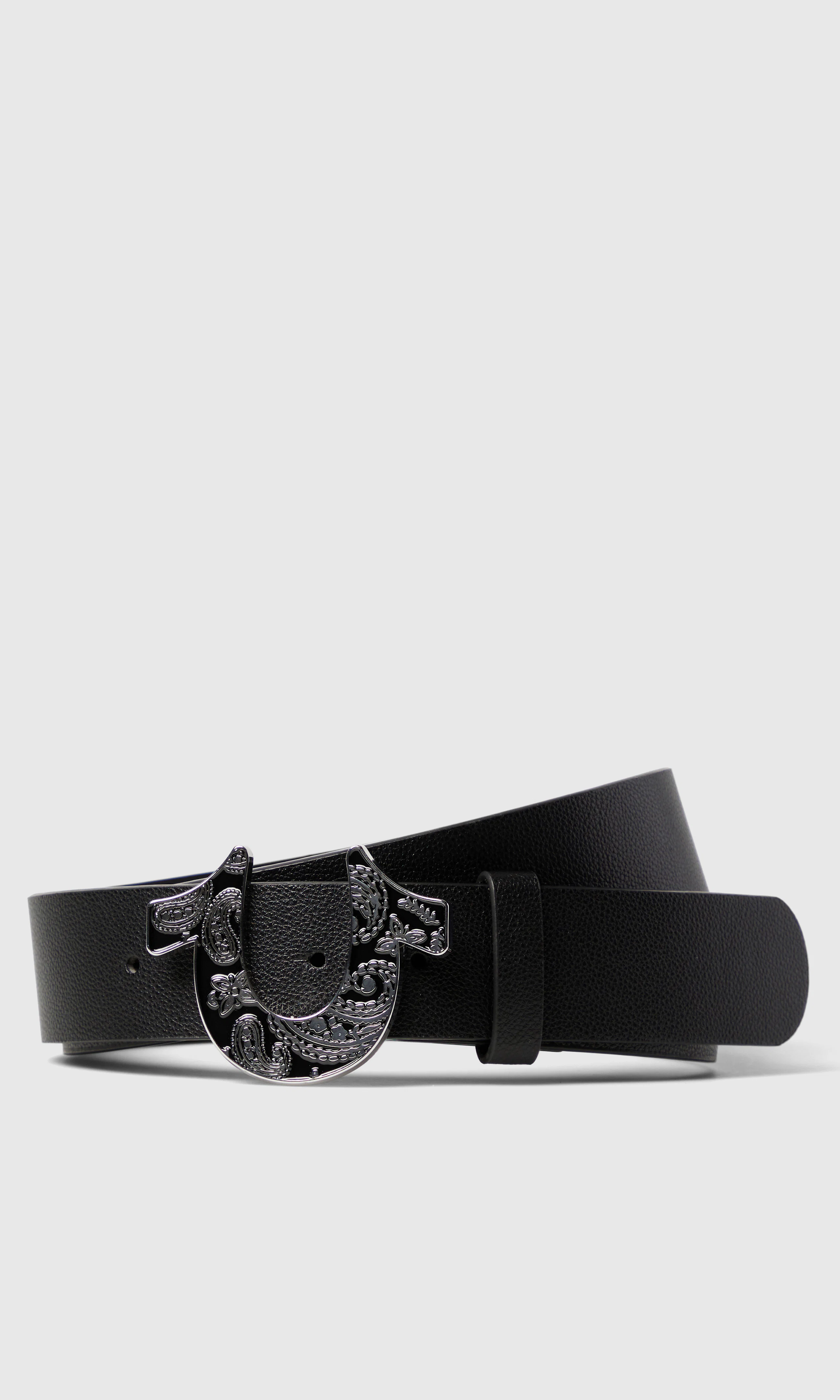 Paisley Buckle Svart Belte. Front. Flat.