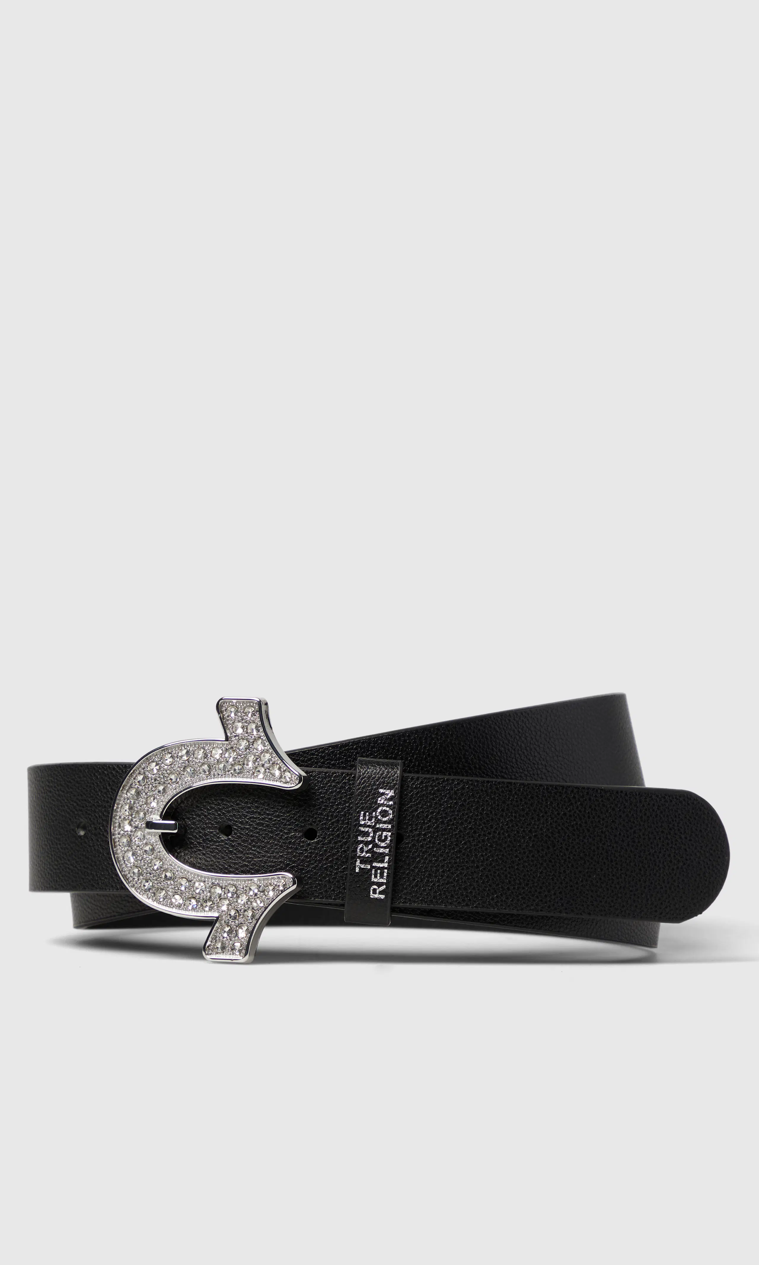 Crystal Horseshoe Buckle Musta Vyö. Front. Flat.