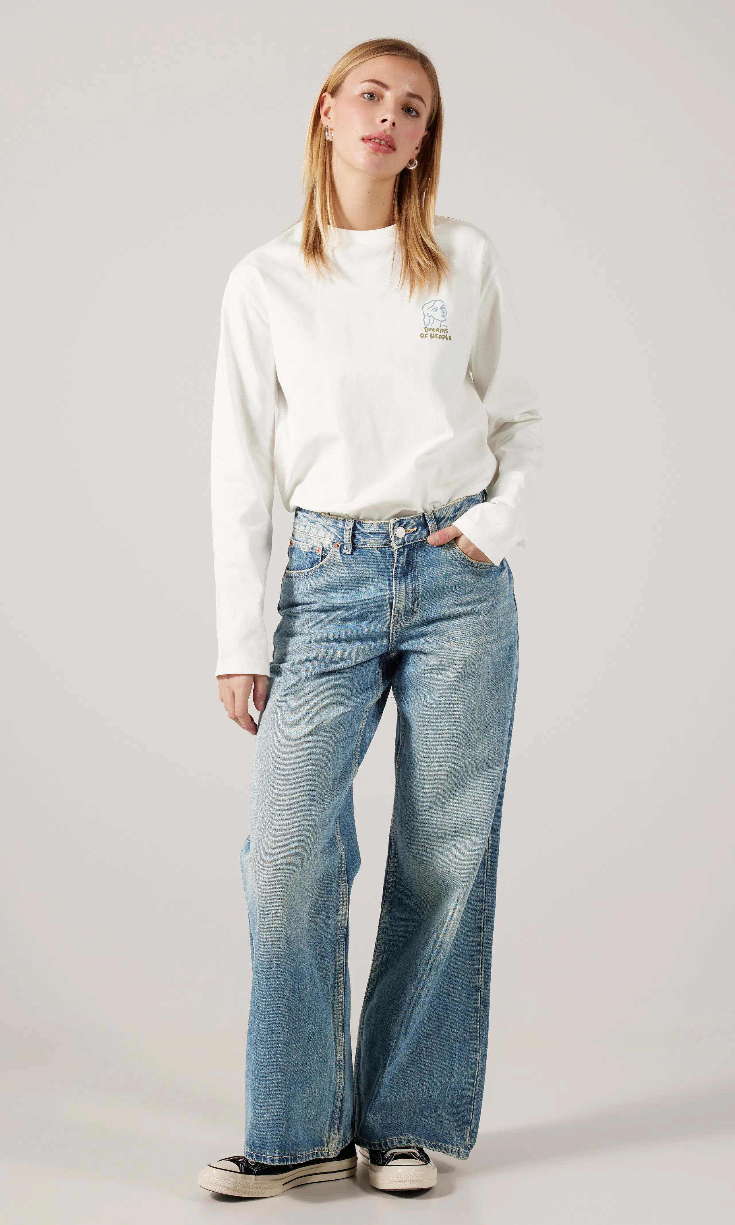 Kath Off White Long Sleeve. Front 2. Model.