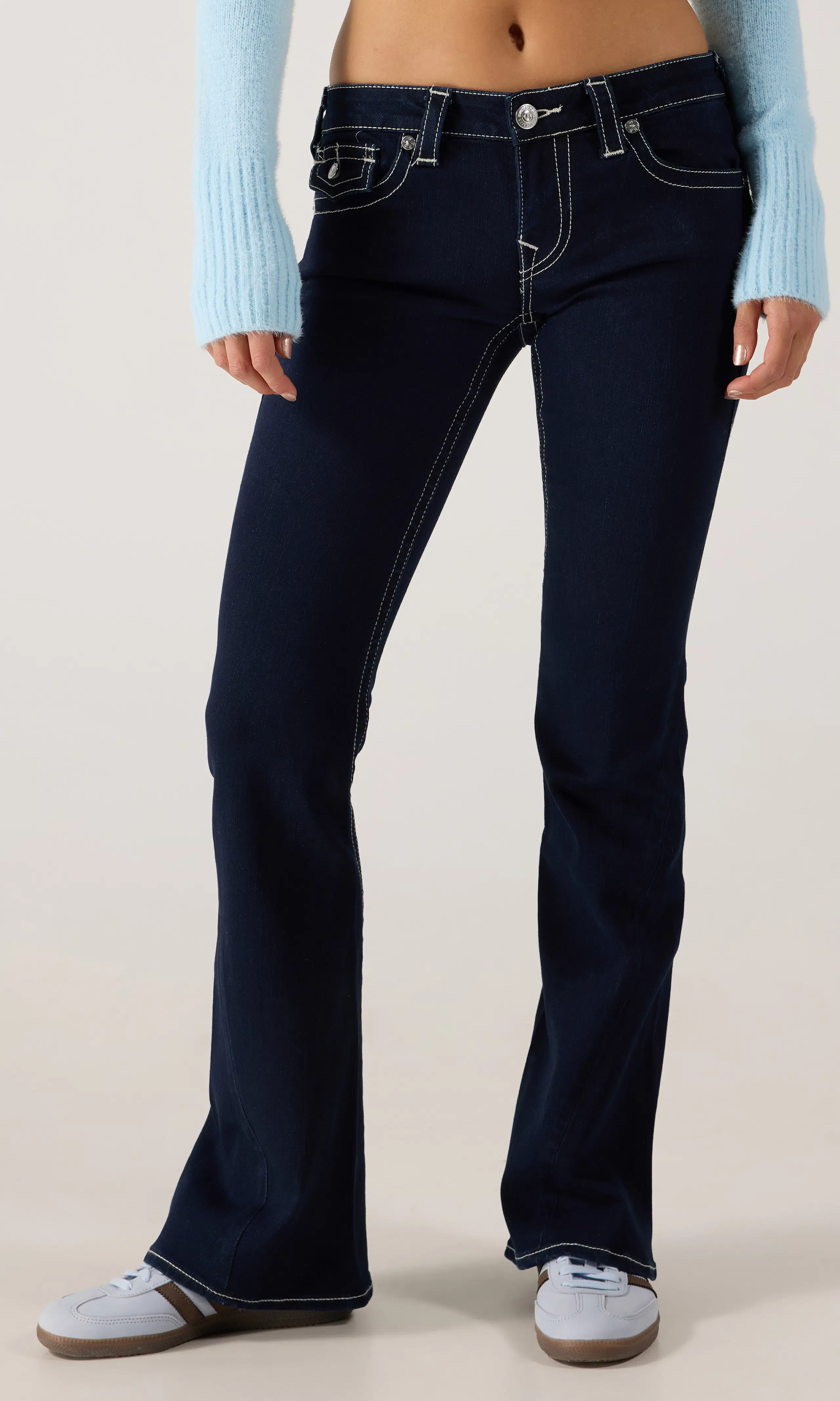 Joey Low Rise Flare Jeans. Front. Model.