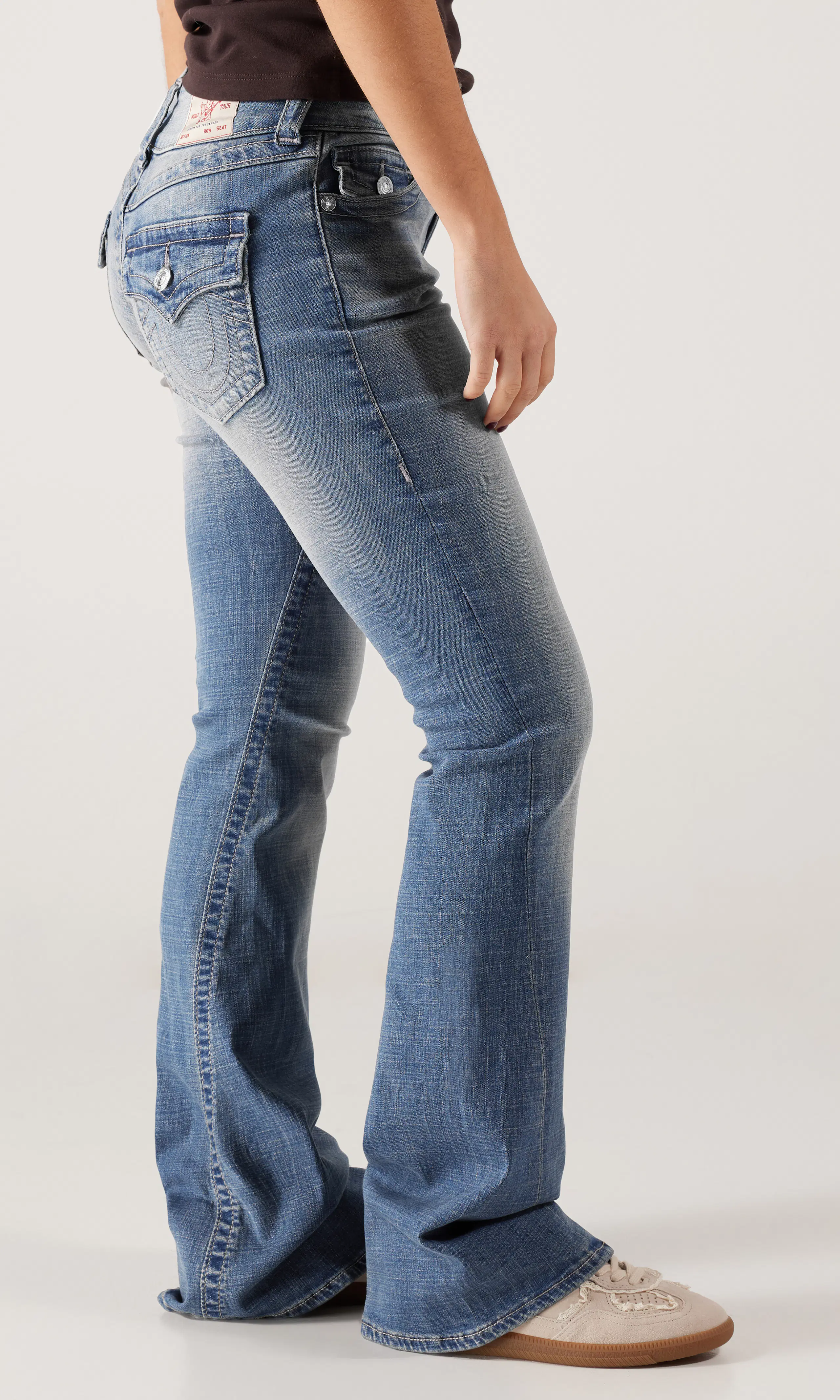 Joey Low Rise Flap Jeans. Front 2. Model.