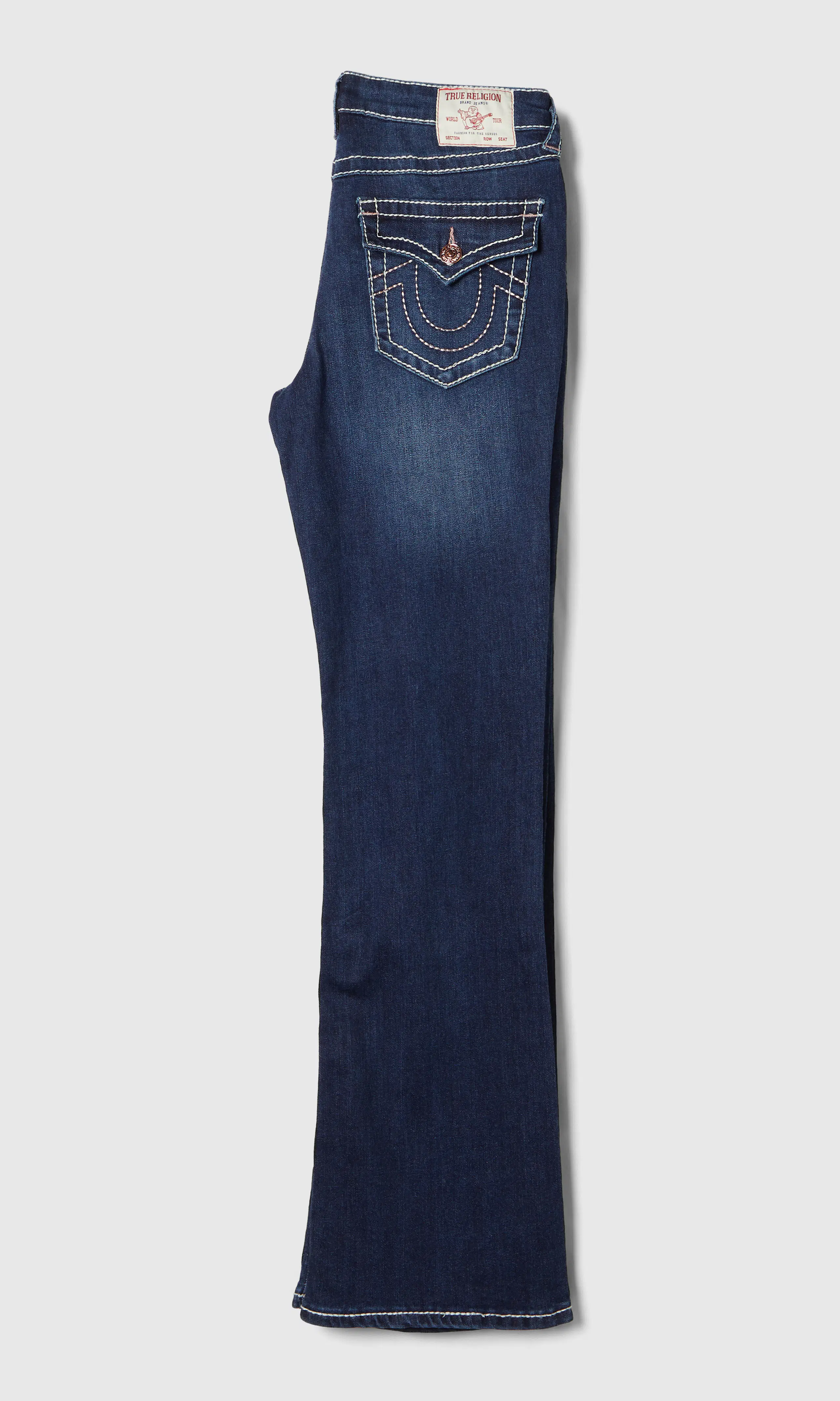 Becca Mid Rise Bootcut Flap Mörkblå Jeans. Back. Flat.
