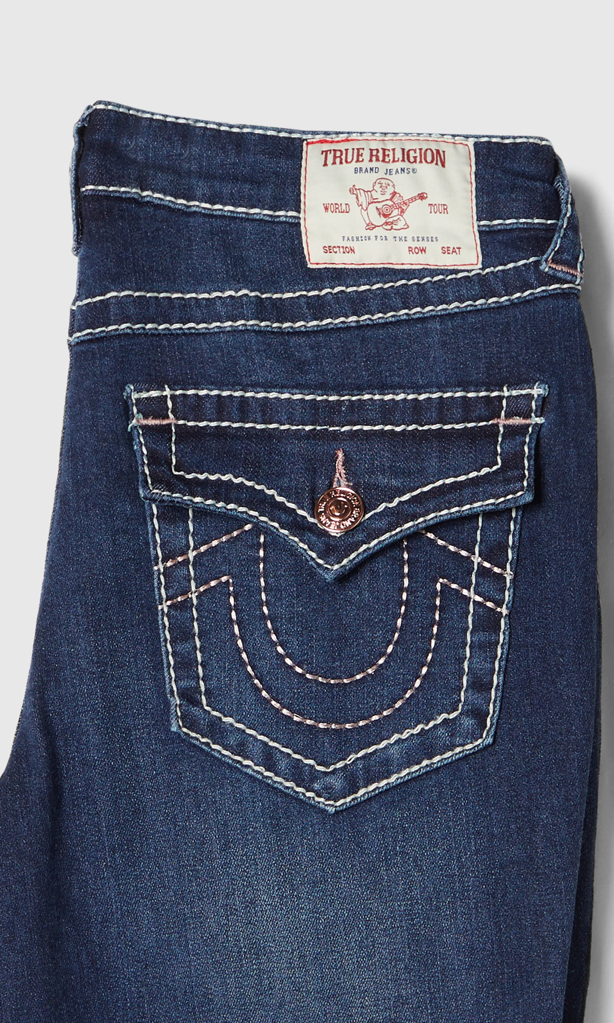 Becca Mid Rise Bootcut Flap Mörkblå Jeans. Detail 1. Flat.
