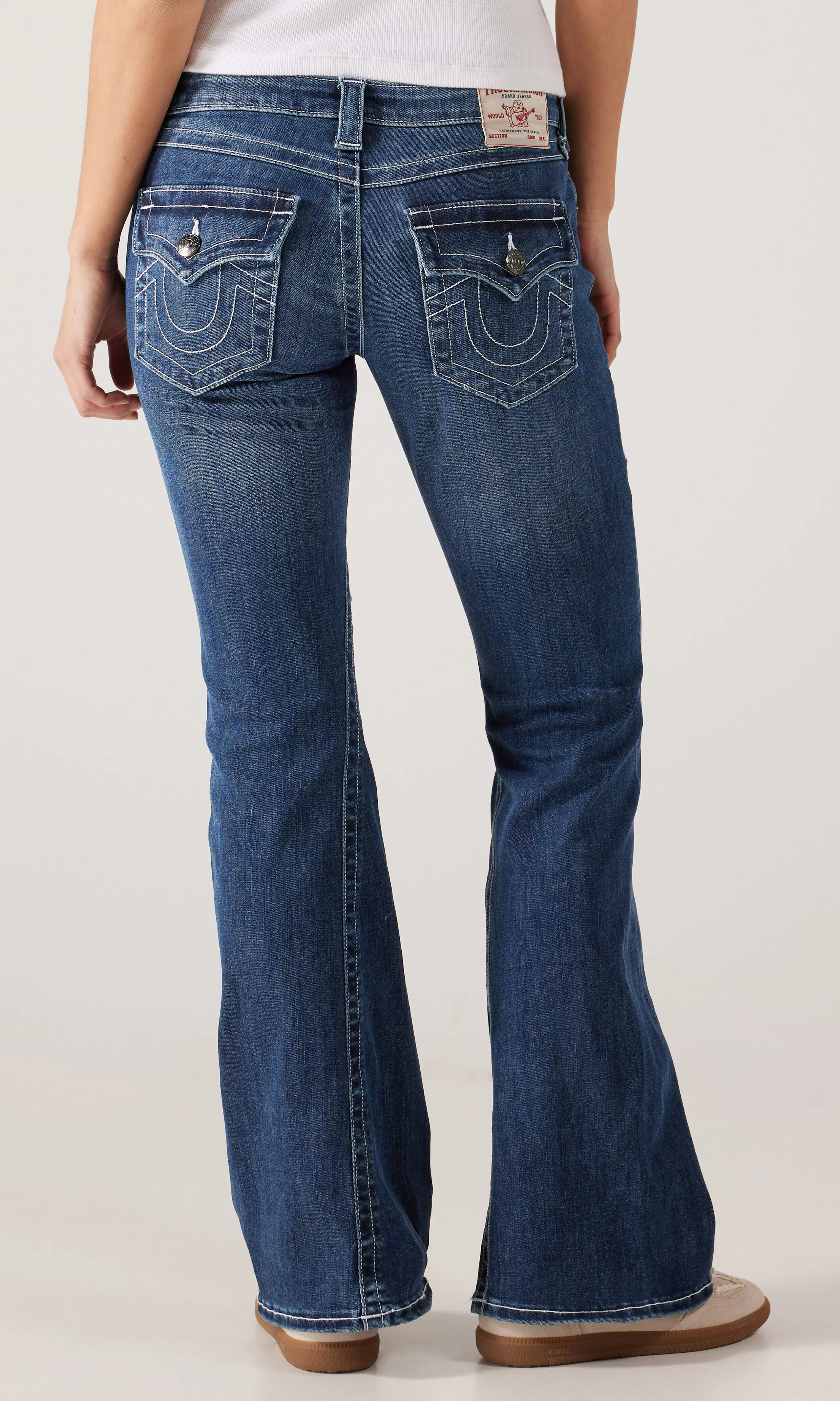 Joey Low Rise Flare Flap Jeans. Back. Model.