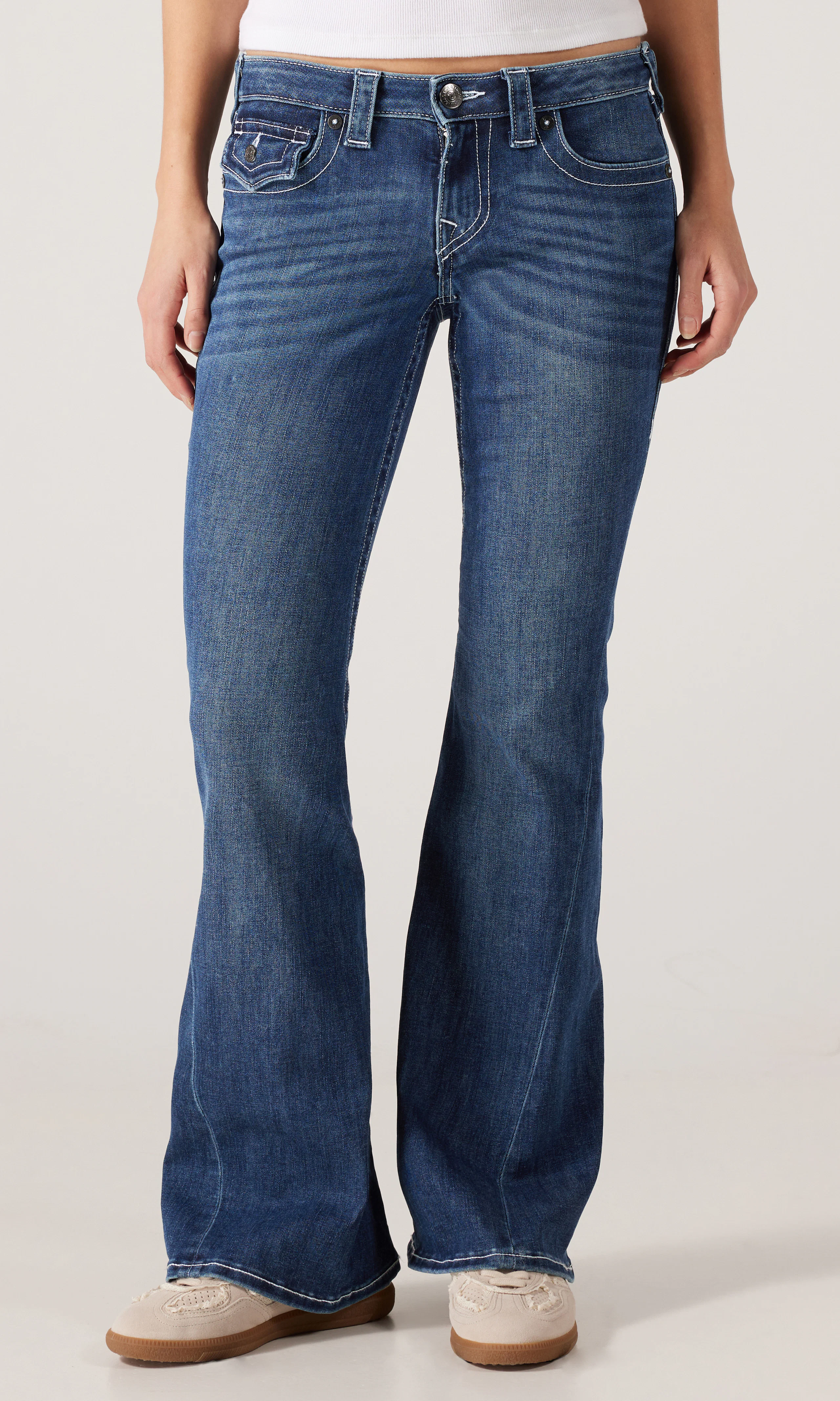Joey Low Rise Flare Flap Jeans. Front. Model.