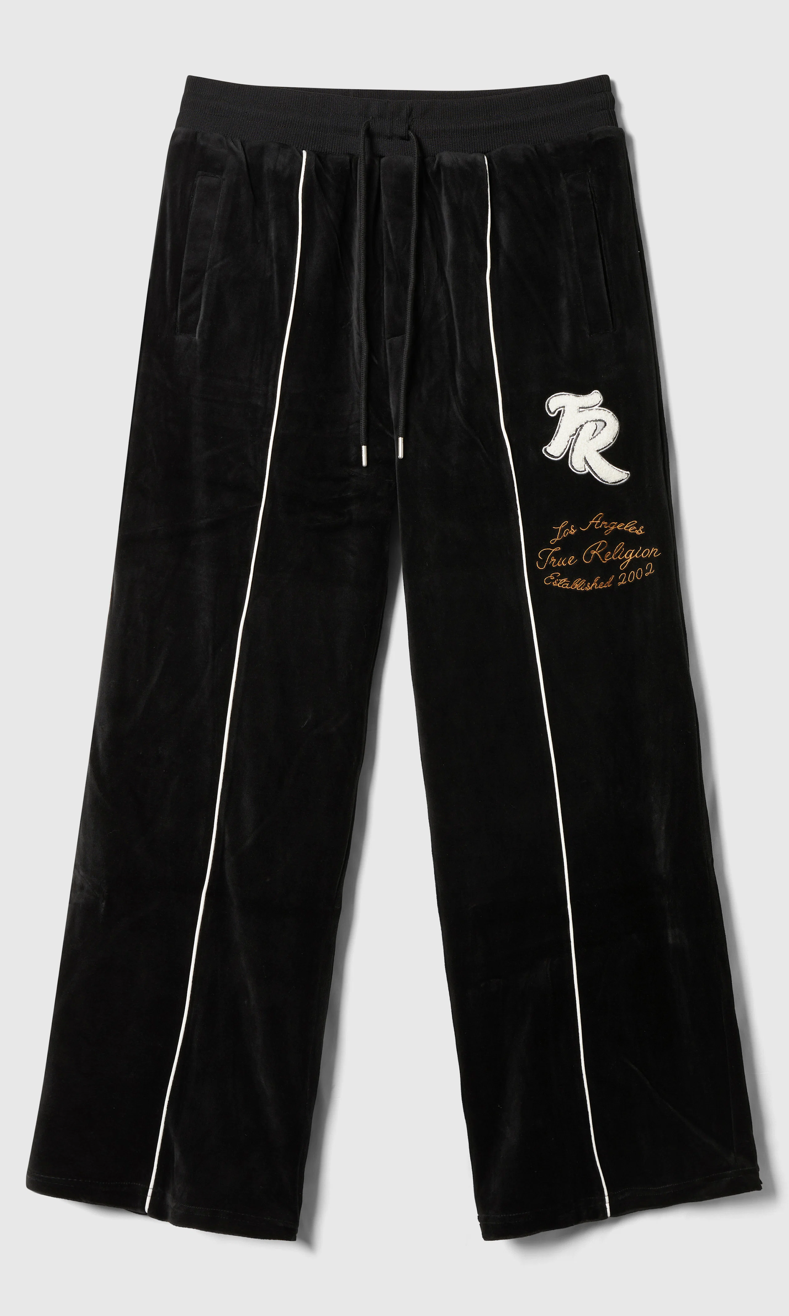 Velour Track Mustat Collegehousut. Front. Flat.