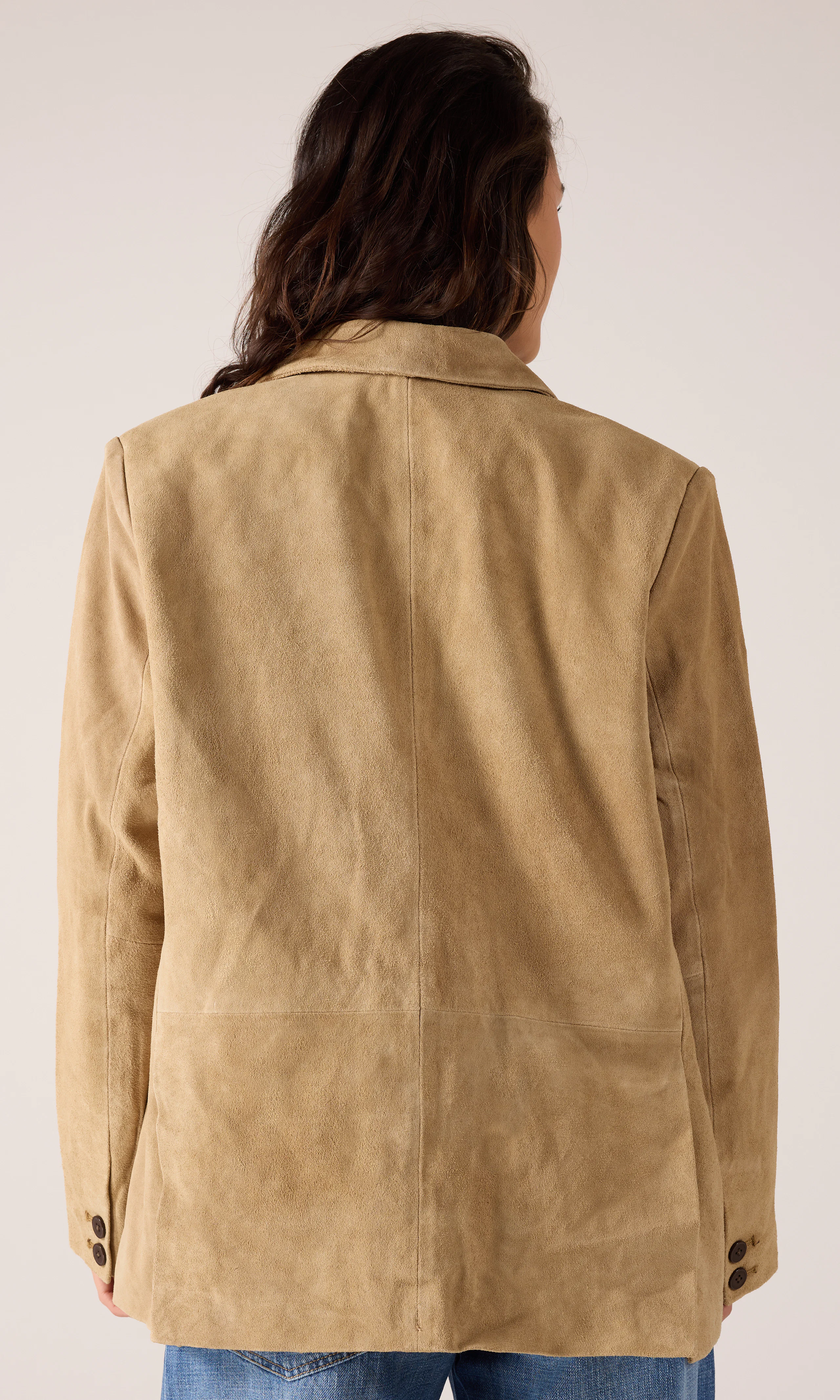 Tova Cow Brun Suede Blazer. Back. Model.