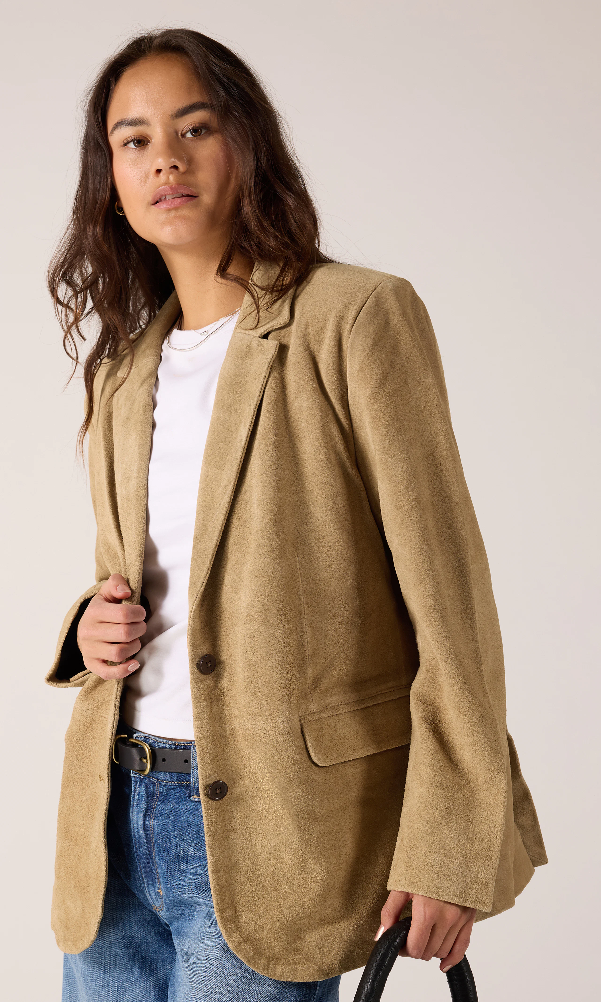 Tova Cow Brun Suede Blazer. Front. Model.
