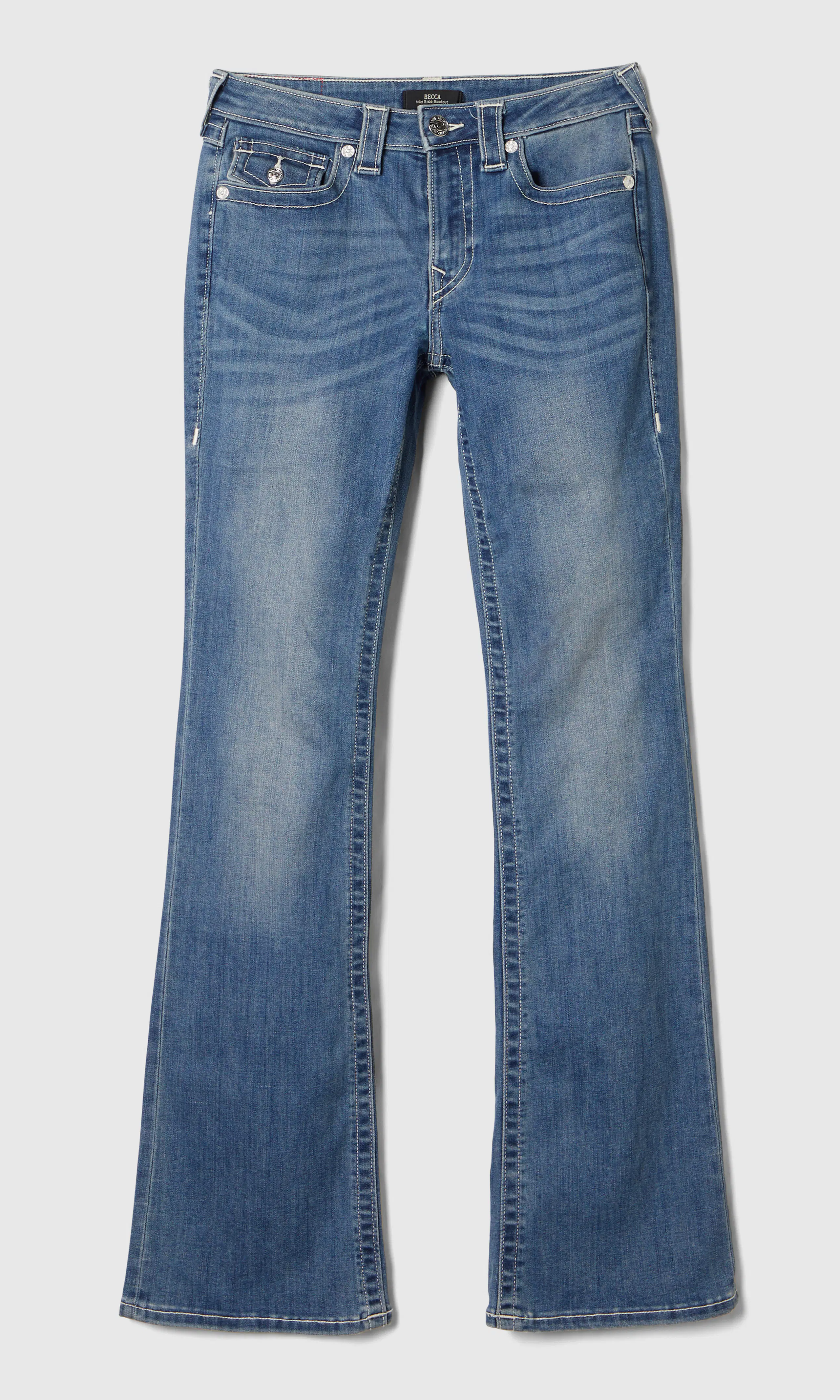 Becca Mid Rise Bootcut Flap Mörkblå Jeans. Front. Flat.