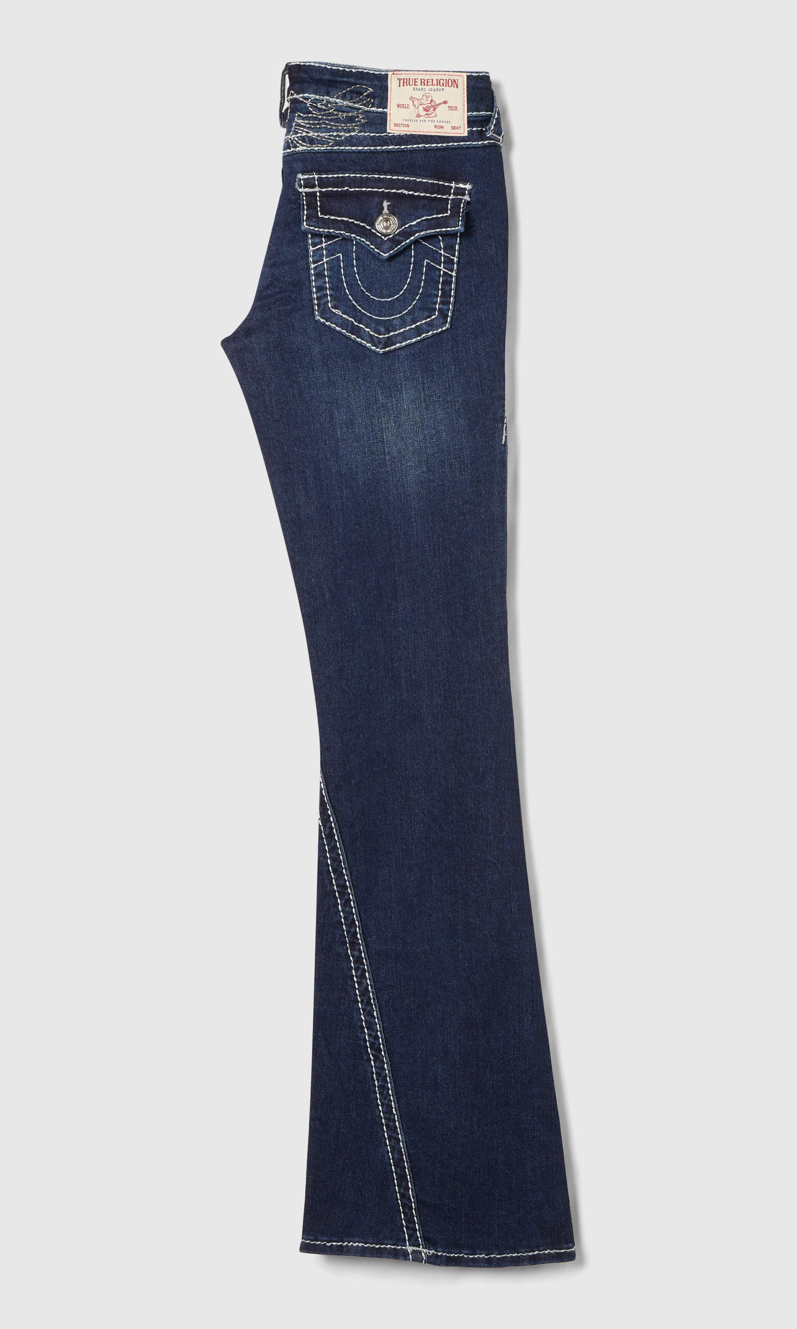 Joey Low Rise Flare Lurex Big T Flap Jeans. Back. Flat.