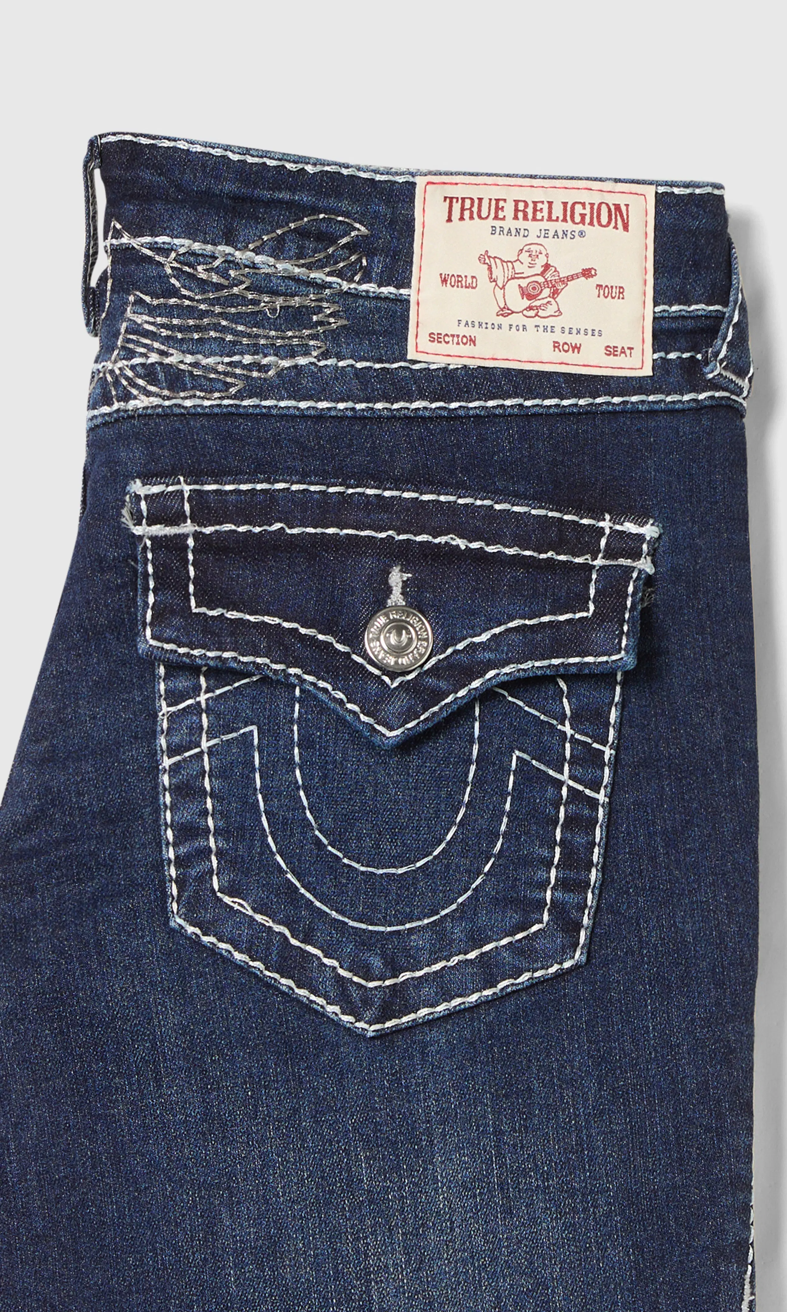 Joey Low Rise Flare Lurex Big T Flap Jeans. Detail 1. Flat.
