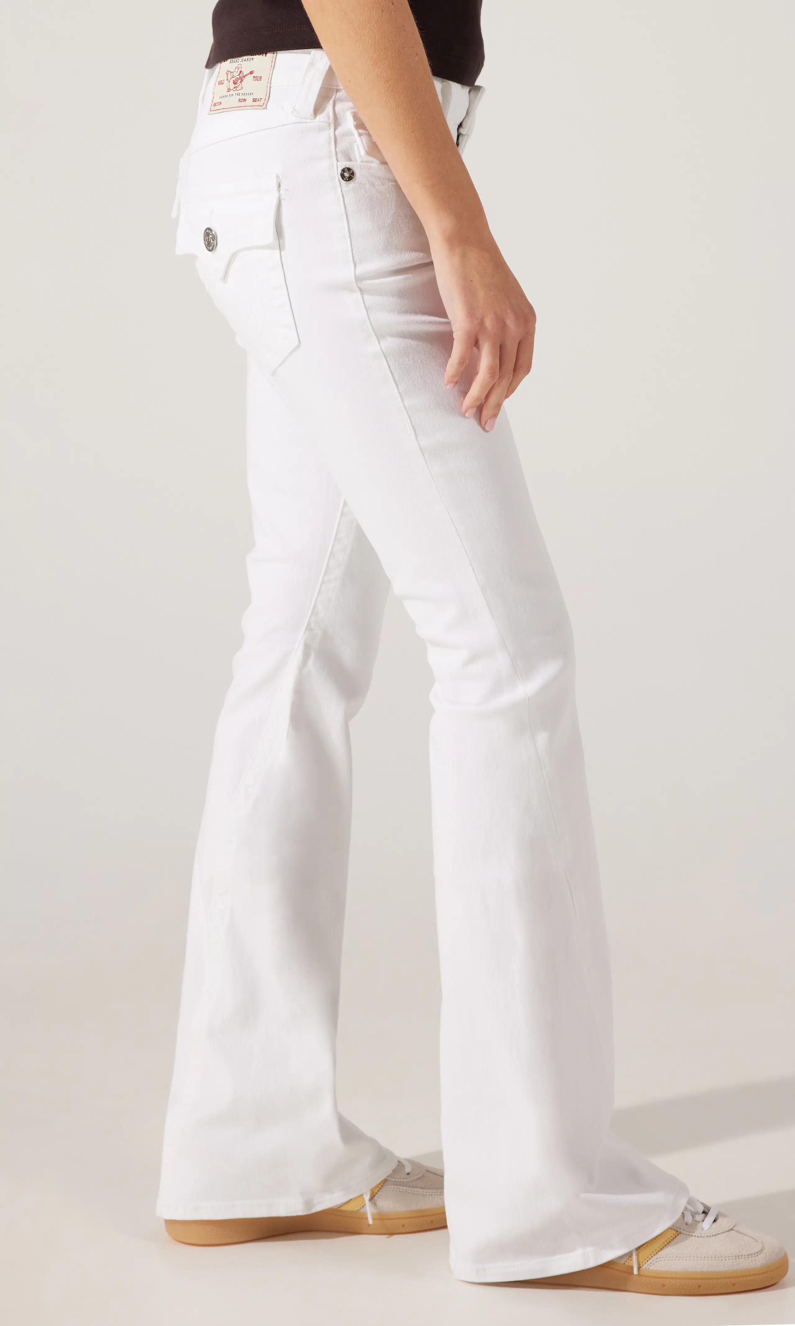Joey Low Rise Flare Flap Jeans. Front 2. Model.