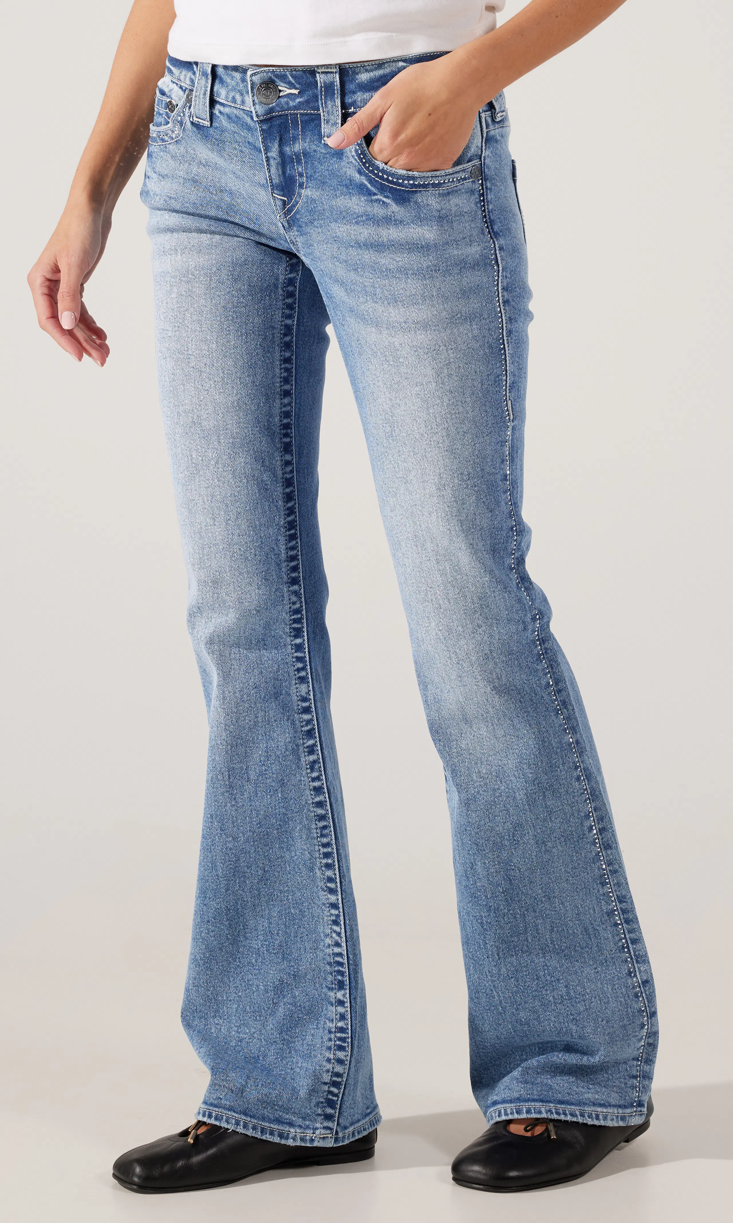 Crystal Becca Low Rise Boot Jeans. Front. Model.