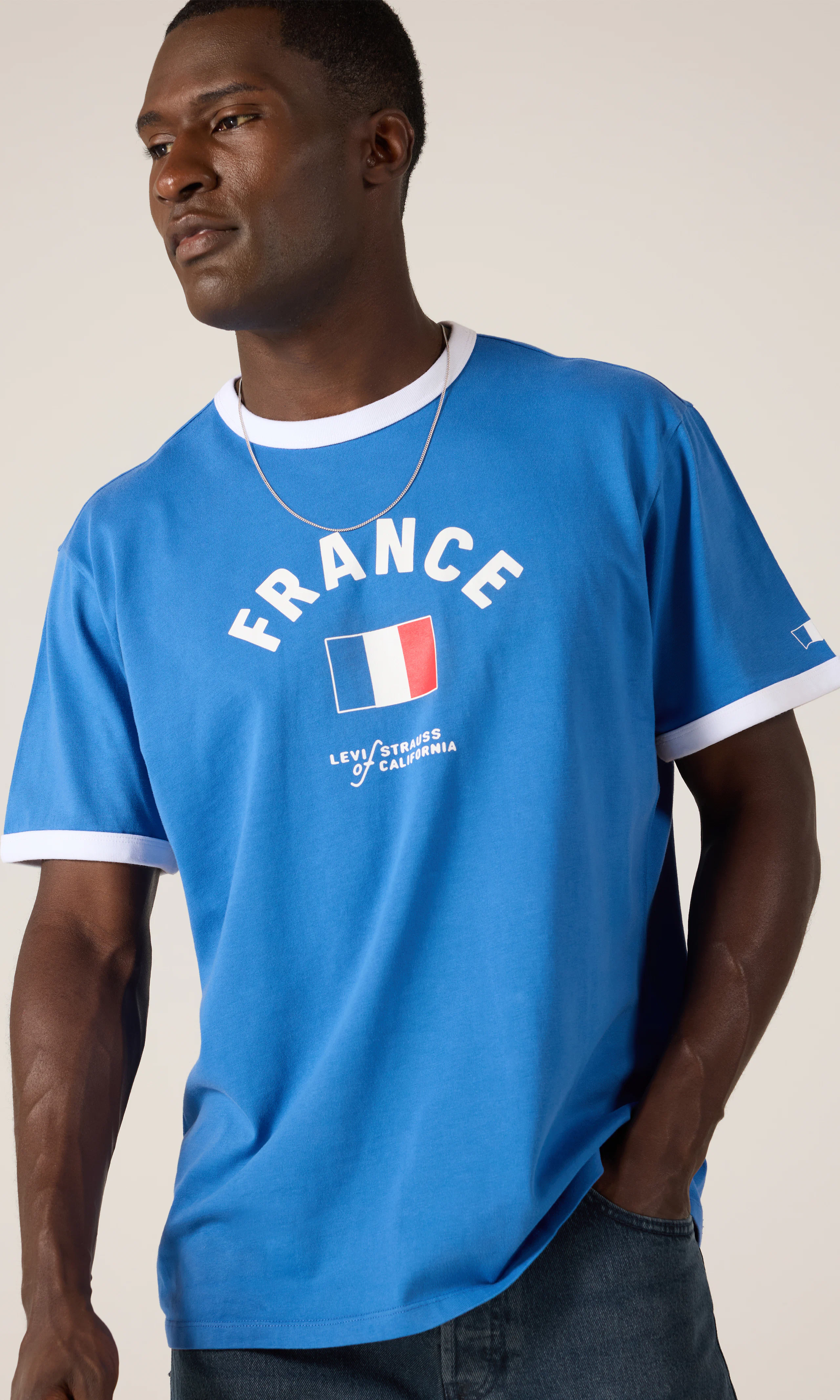 France Retro Ringer Tee T-Shirt. Front. Model.