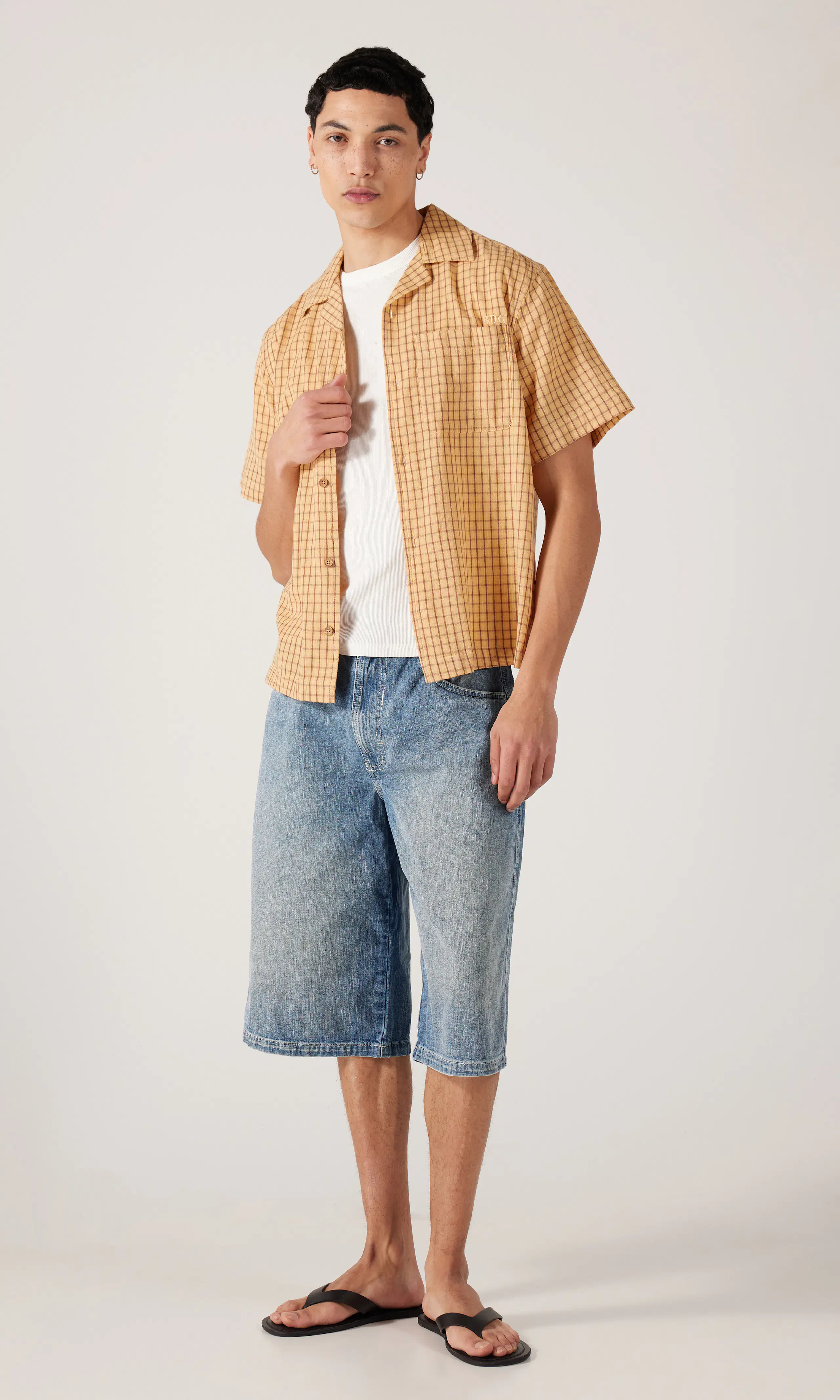 Blue Neo Crosshatch Jorts. Front 1. Model.