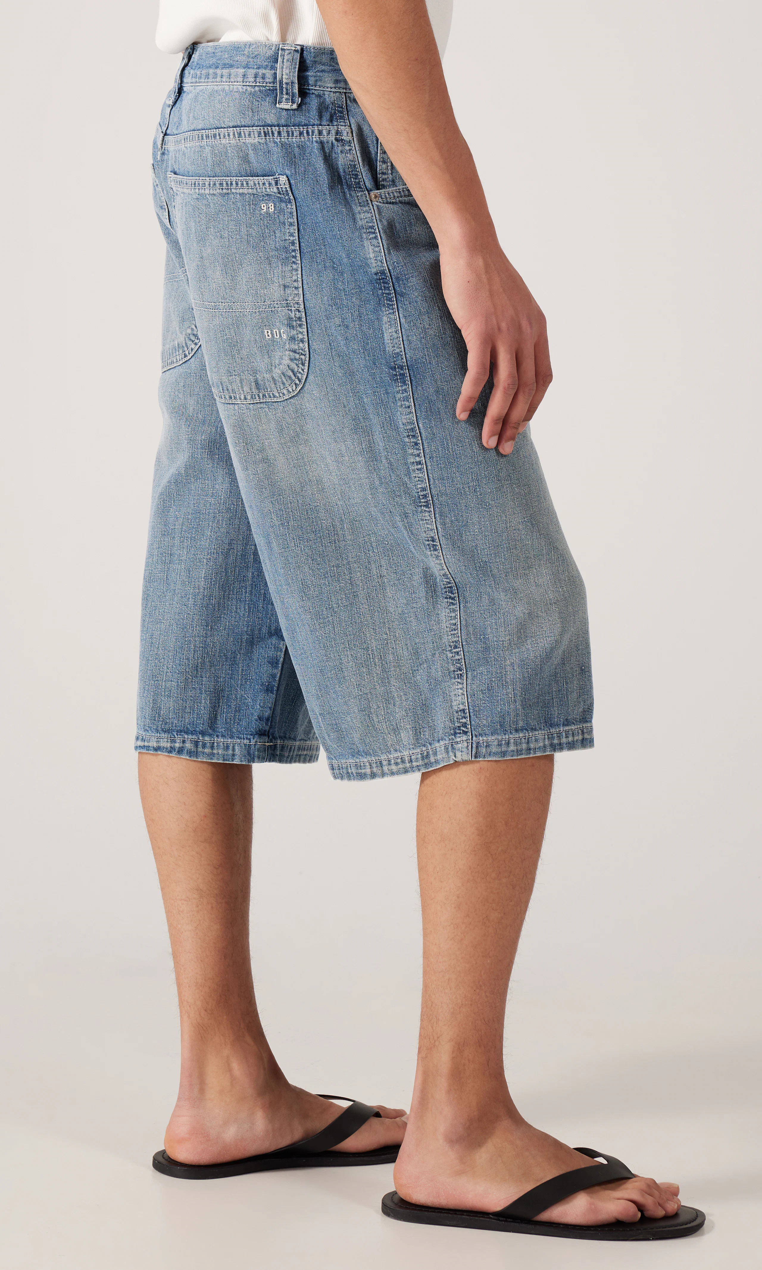 Blue Neo Crosshatch Jorts. Front 2. Model.