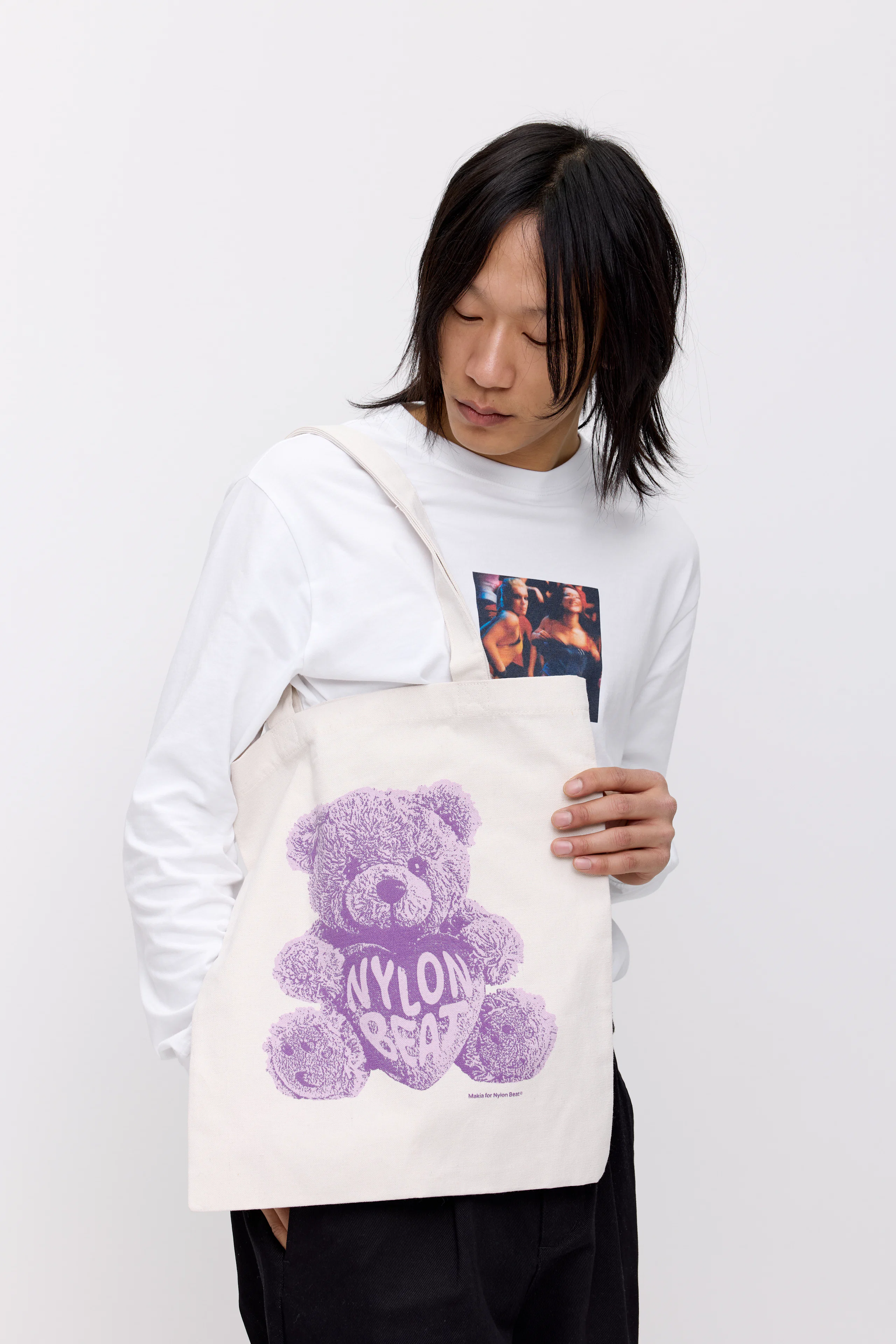 Teddy Tote Bag. Front. Model.