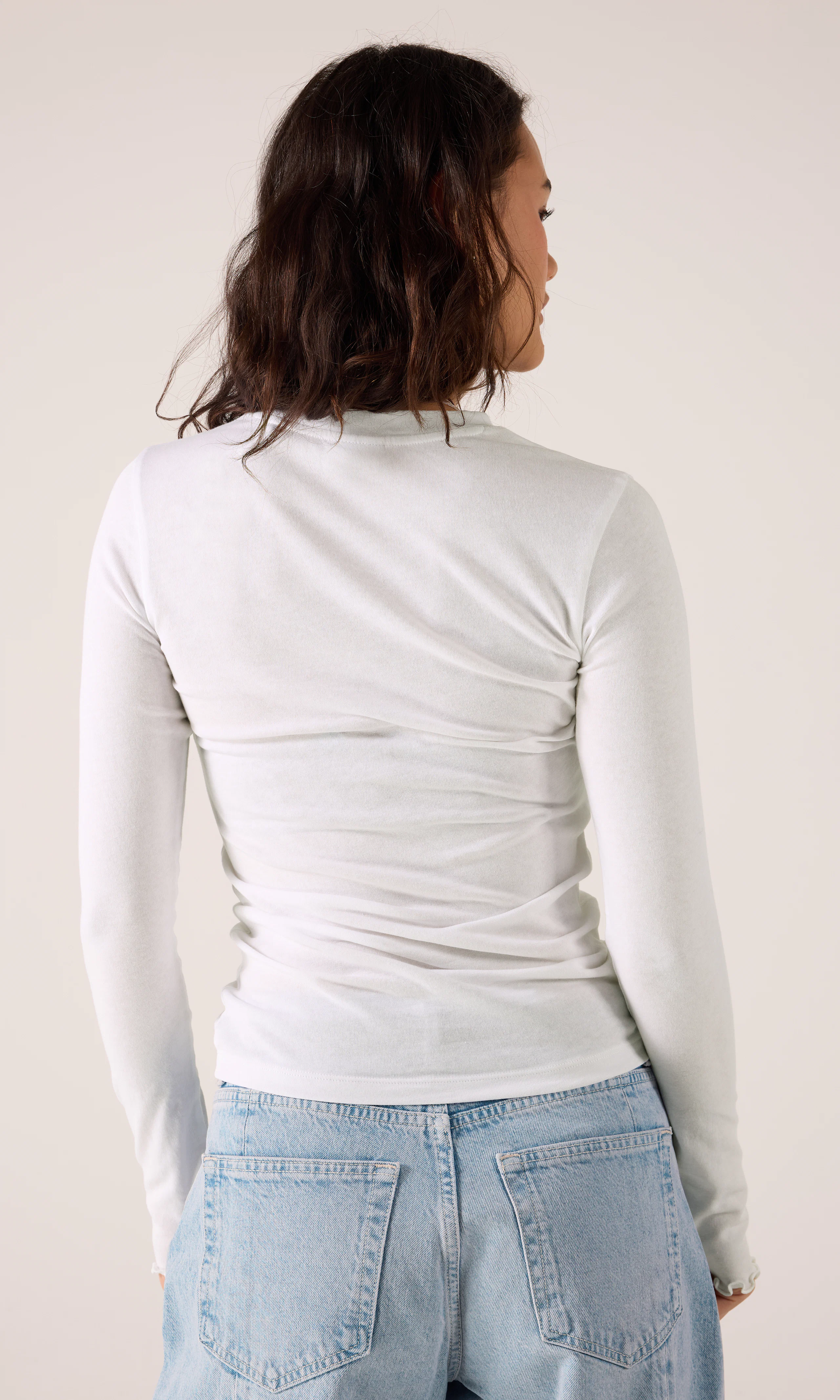 Sheer Long Sleeve. Back. Model.