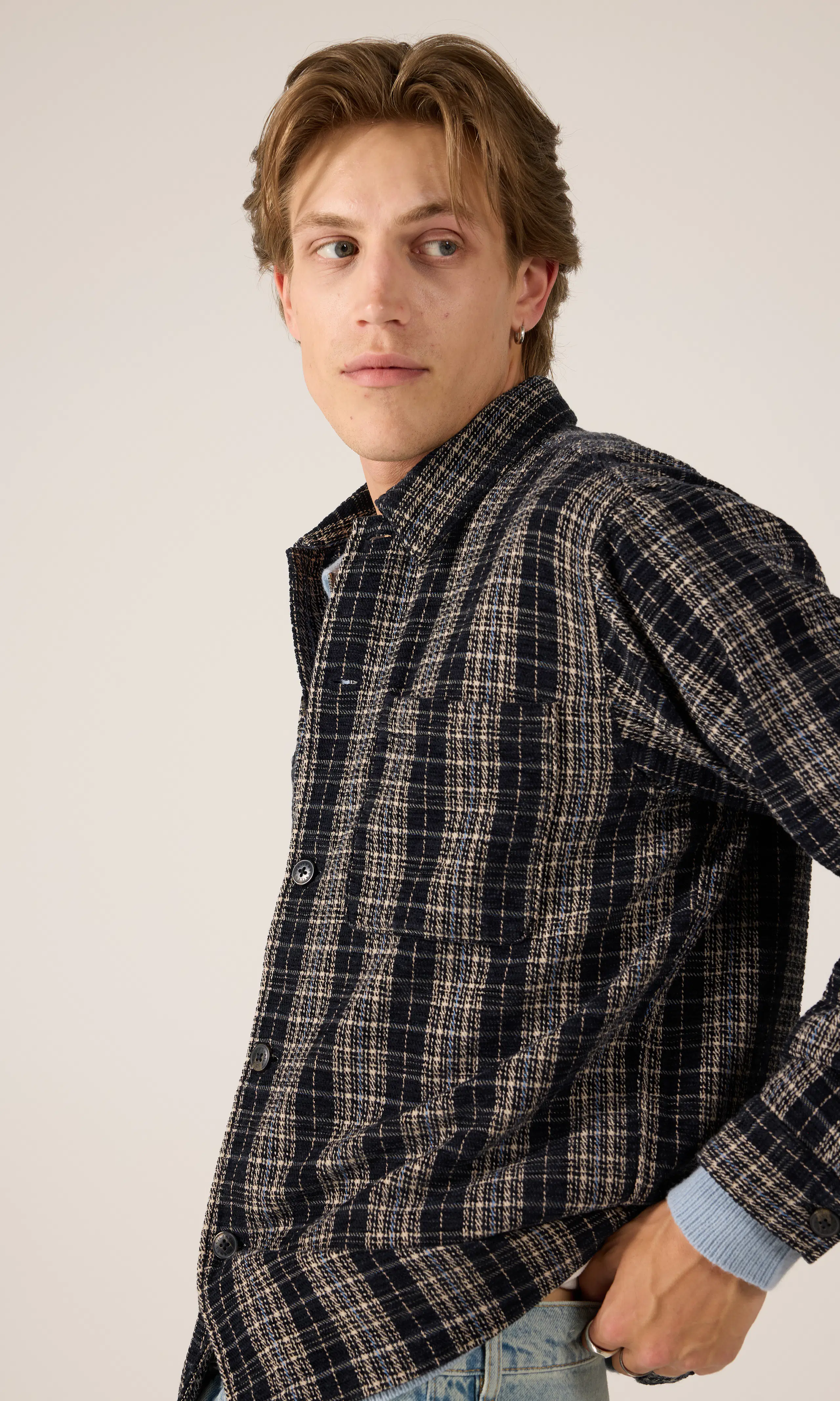 Tex Check Overshirt. Front. Model.