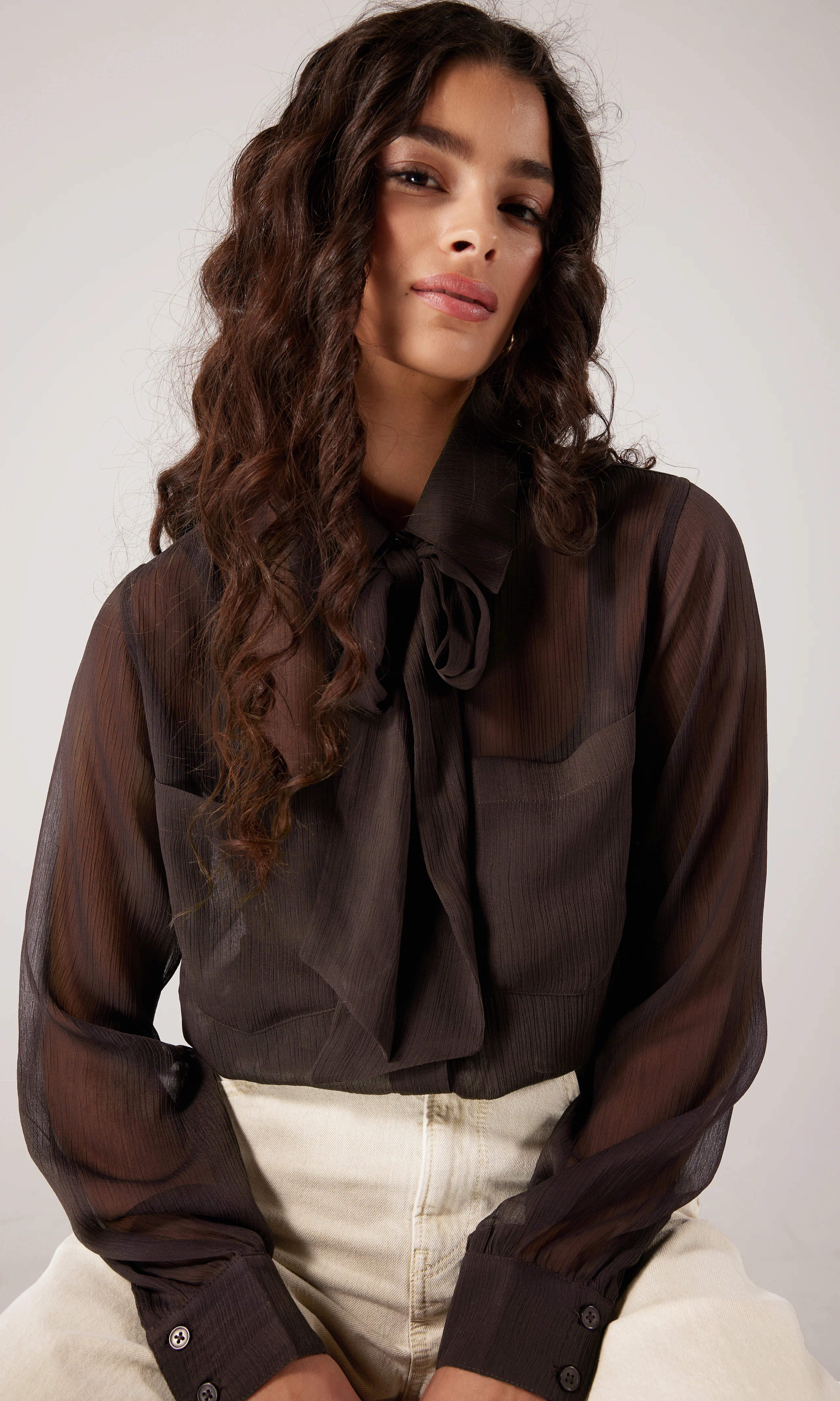 Chiffon Bluse. Front. Model.
