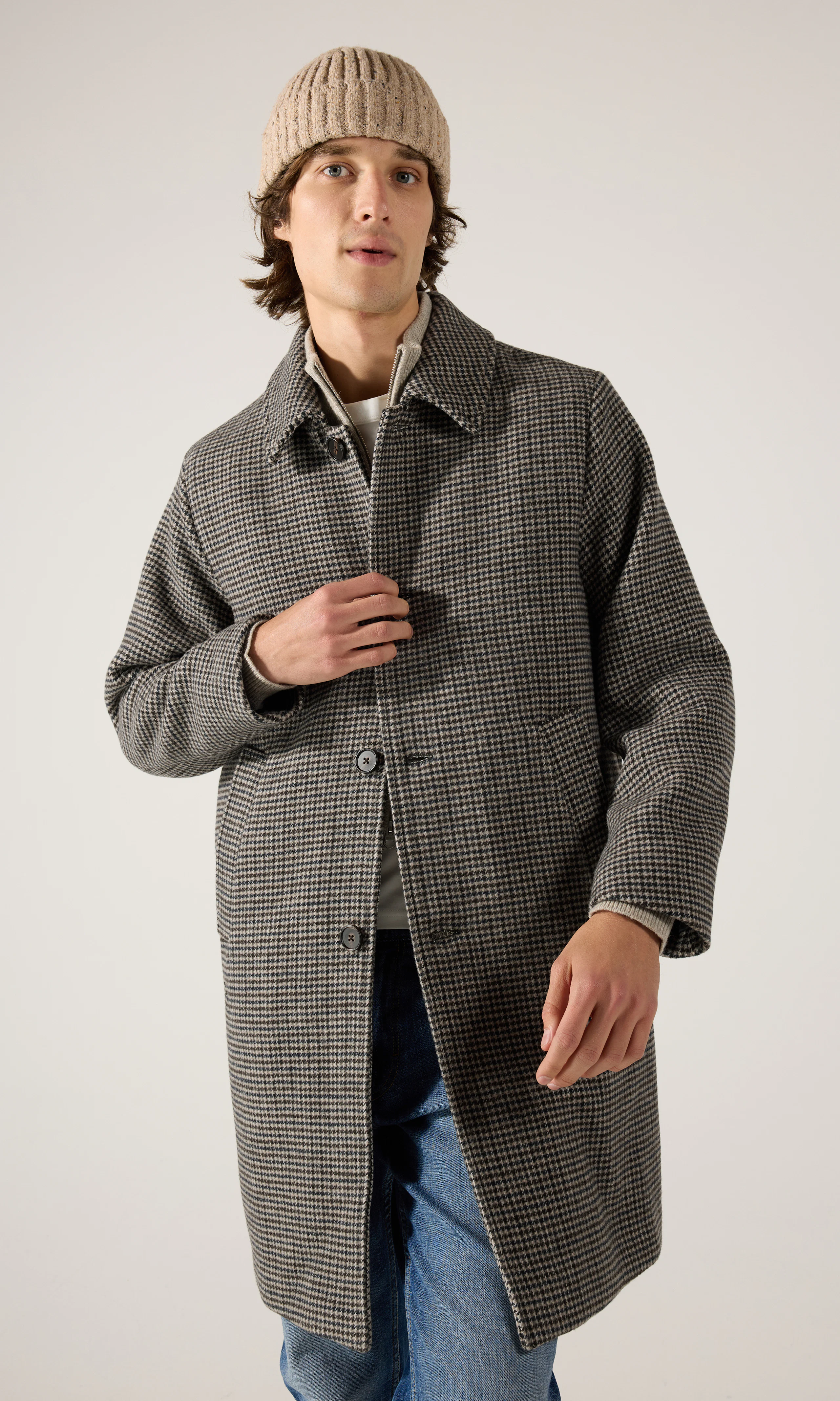 Car Coat Check Rock. Front. Model.