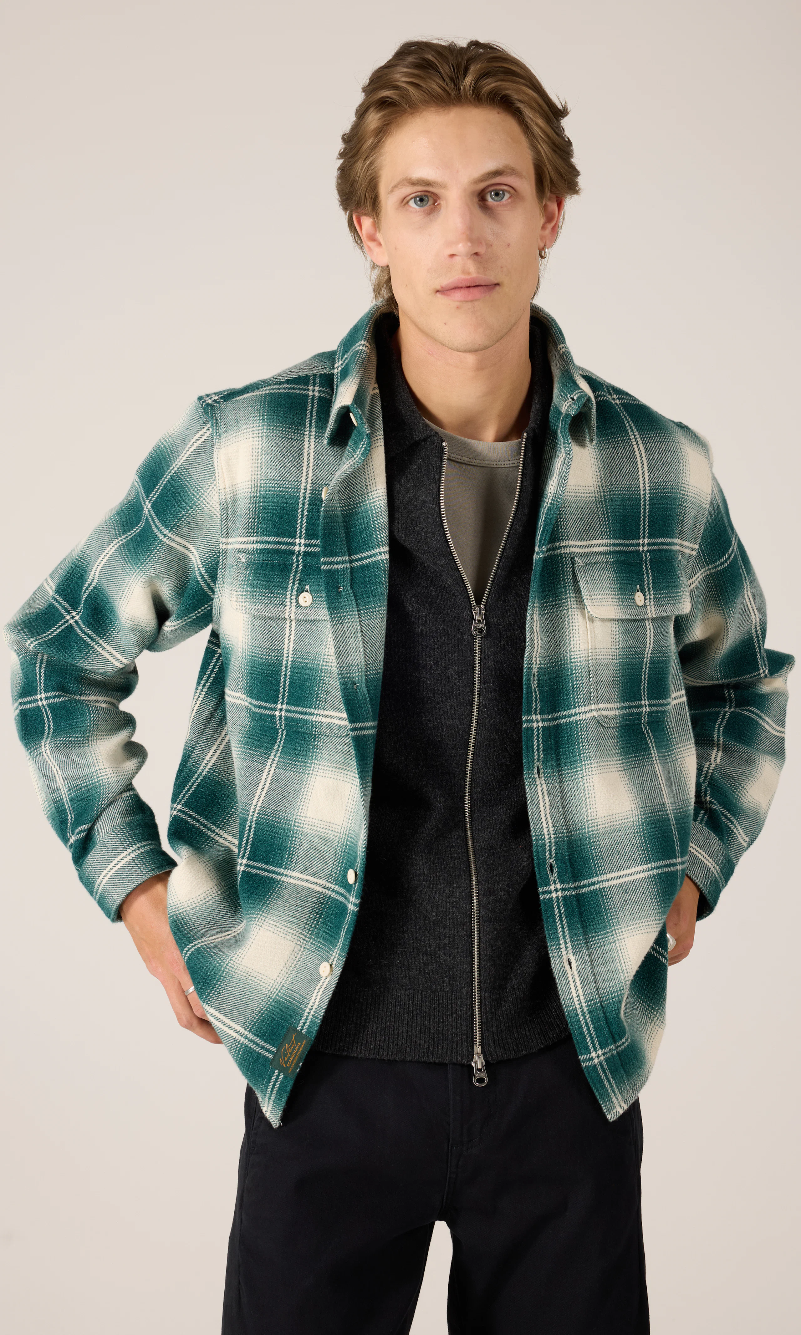 Worker Rutete Flanellskjorte. Front. Model.