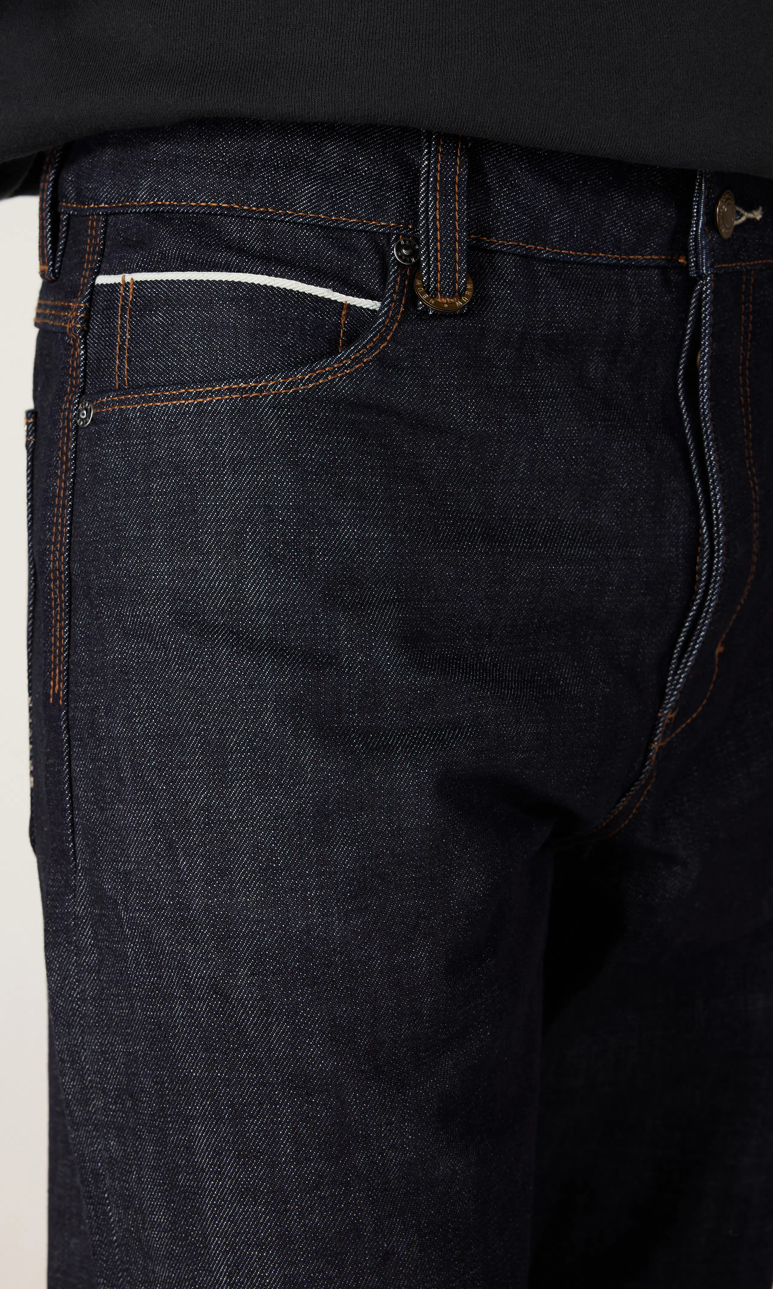 Liam Relaxed Selvedge Jeans. Detail 2. Model.