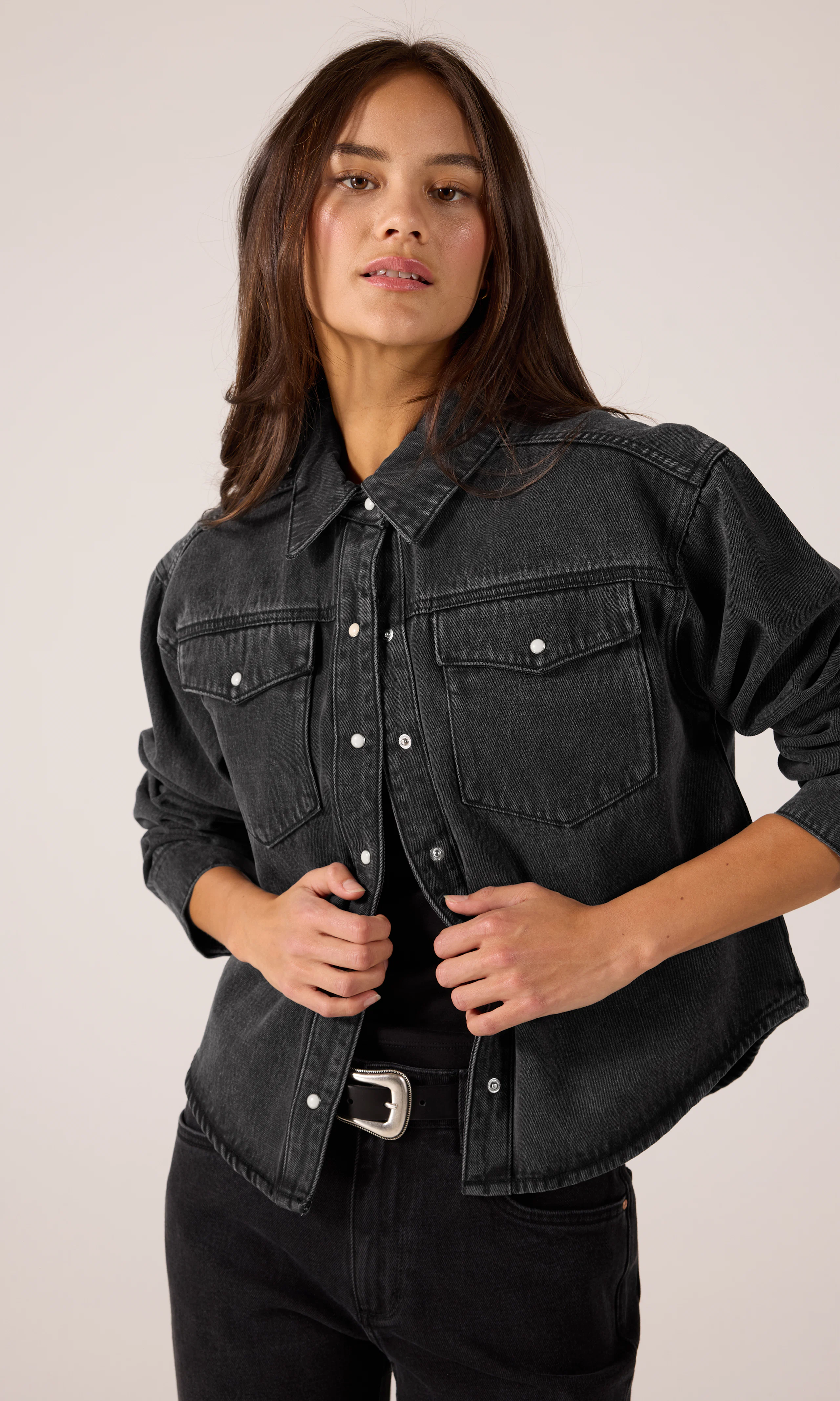 Blackout Denim Shacket. Front. Model.