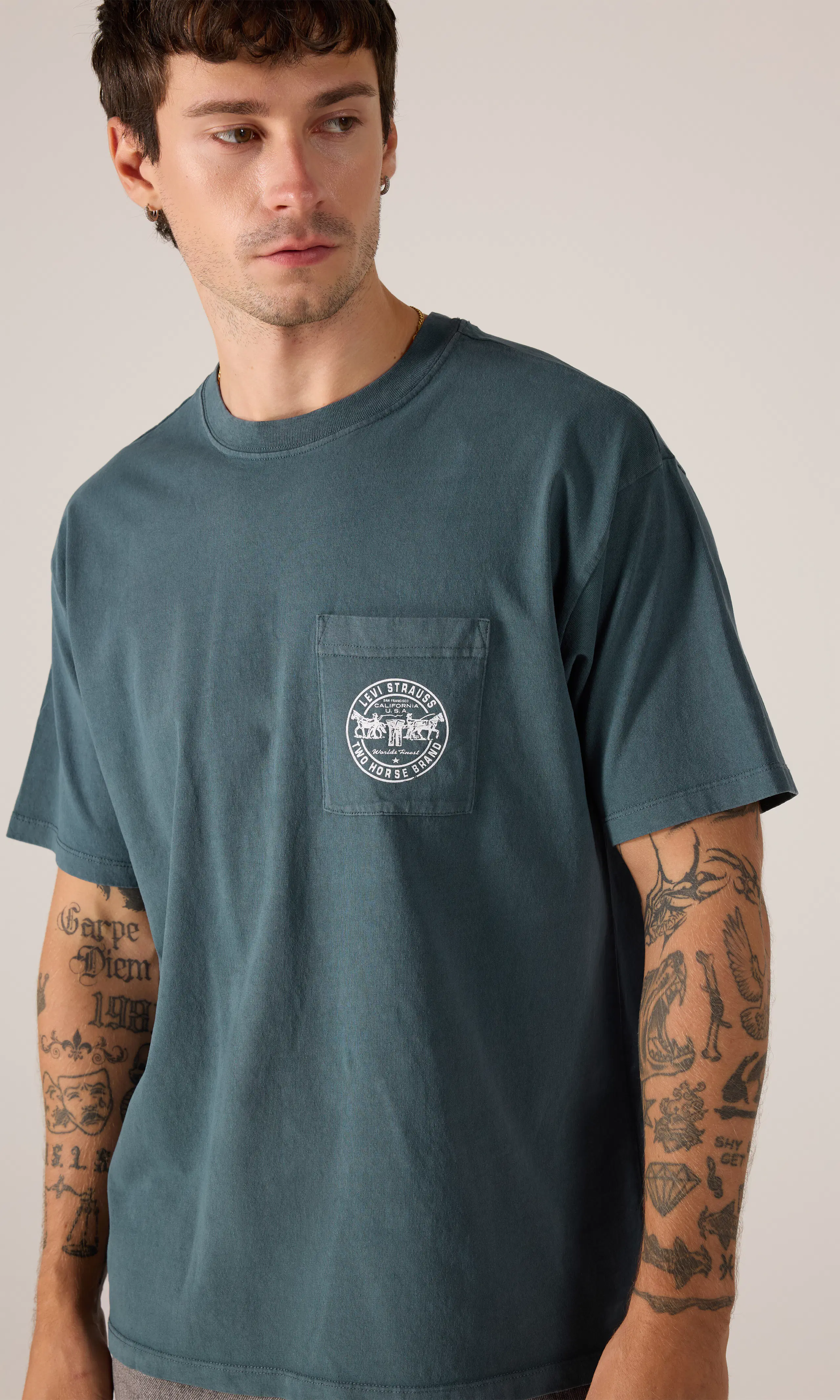 Graphic Vintage Fit Tee T-shirt. Front. Model.