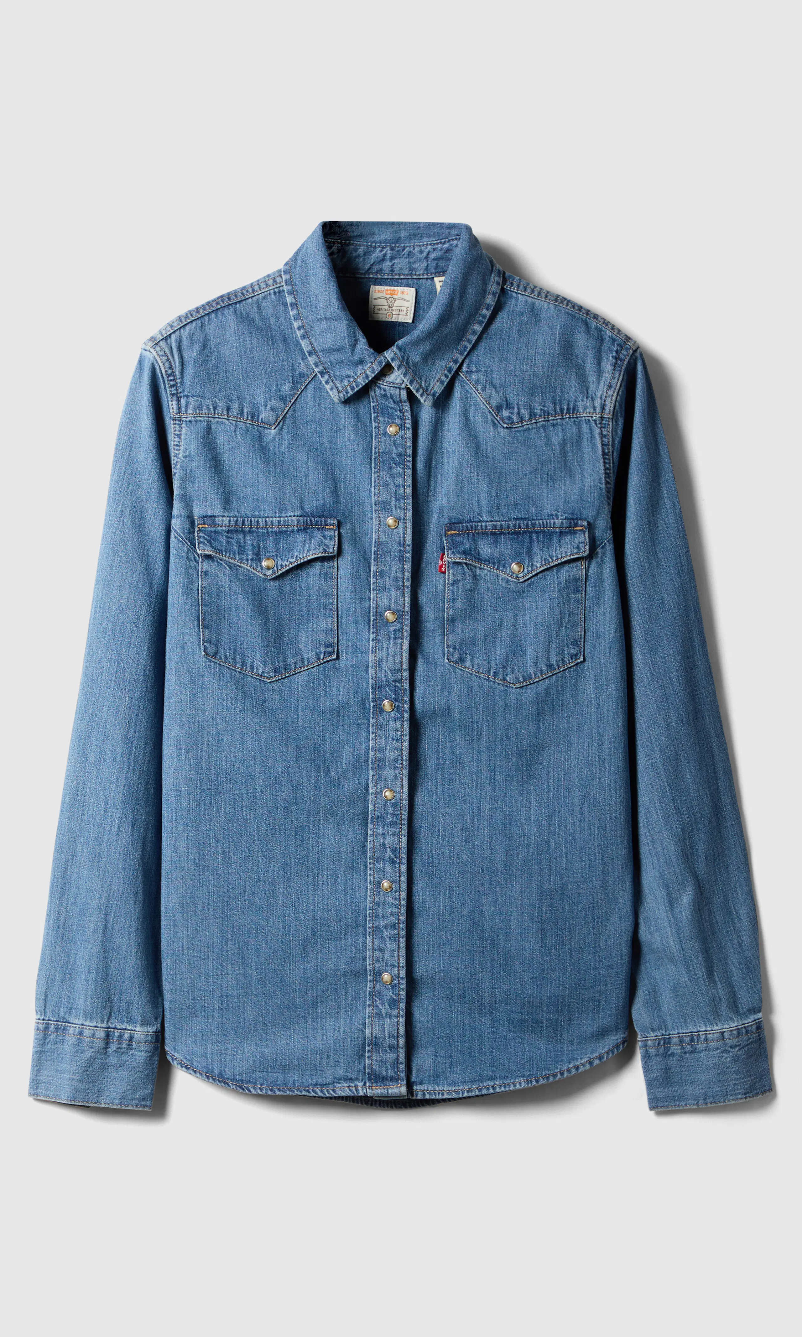 Heritage Western Medium Blå Denim Skjorta. Front. Flat.
