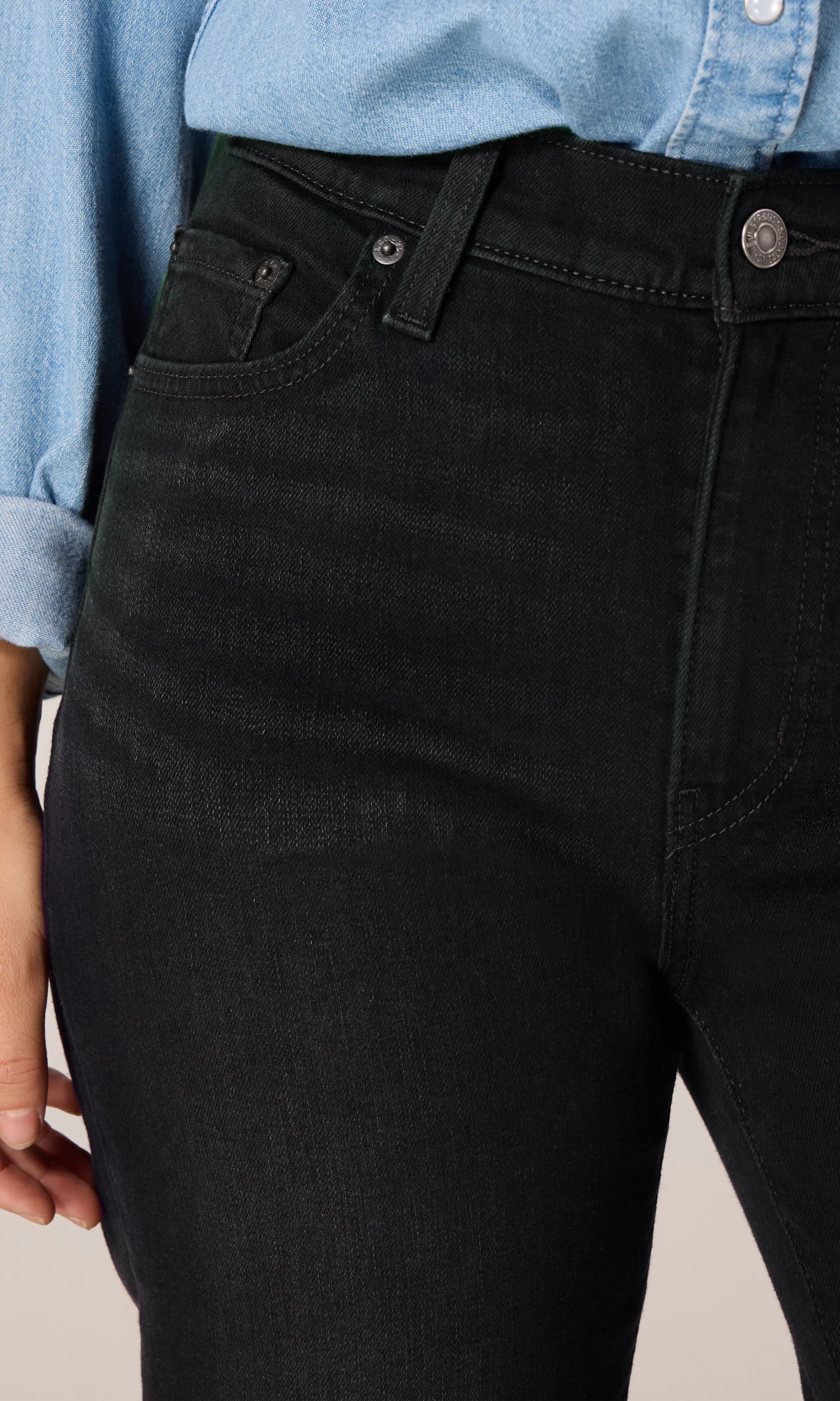 723™ High Rise Straight Jeans. Detail 2. Model.