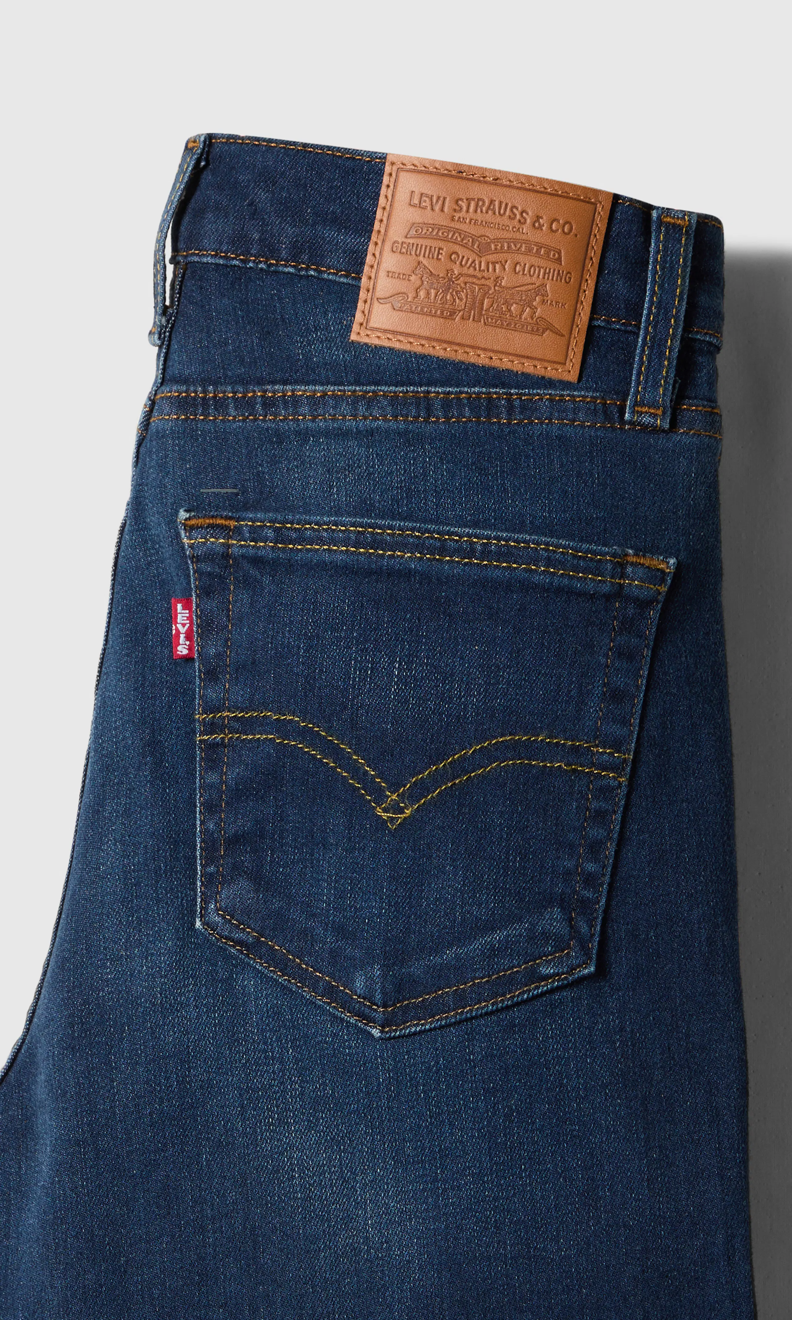 723™ High Rise Straight Mørk Blå Jeans. Detail 1. Flat.
