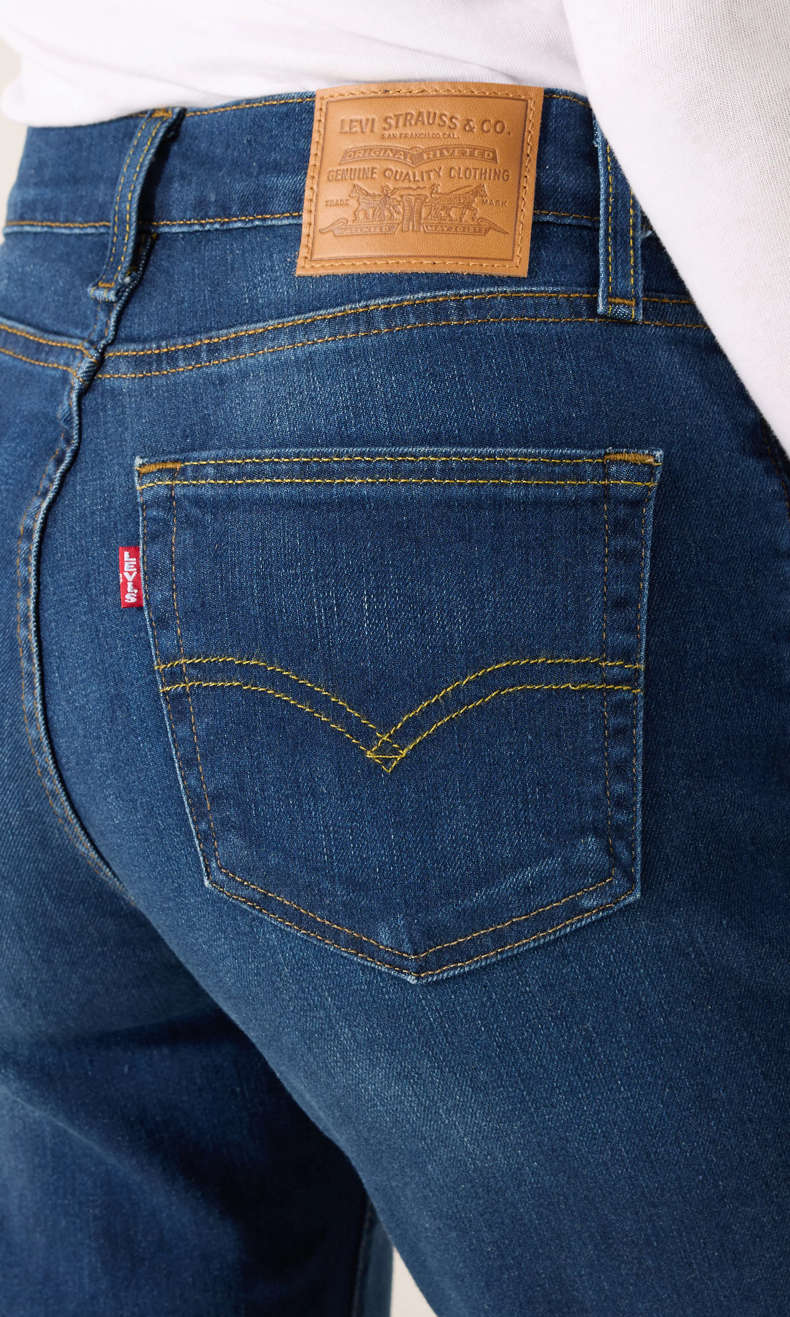 723™ High Rise Straight Mørk Blå Jeans. Detail 1. Model.