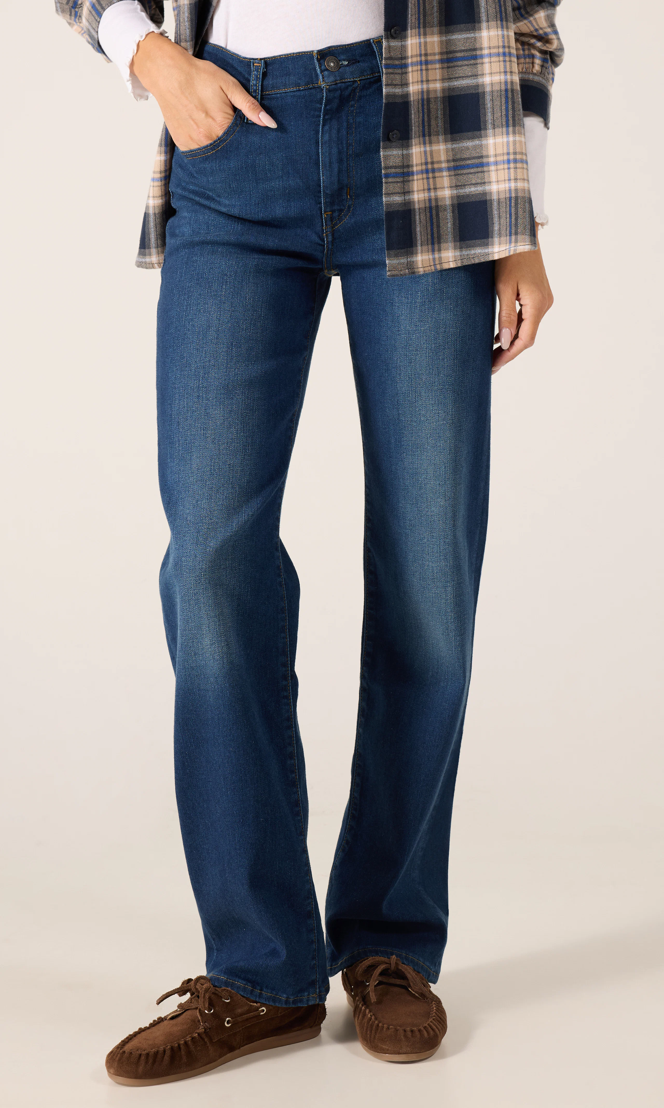723™ High Rise Straight Mørk Blå Jeans. Front. Model.
