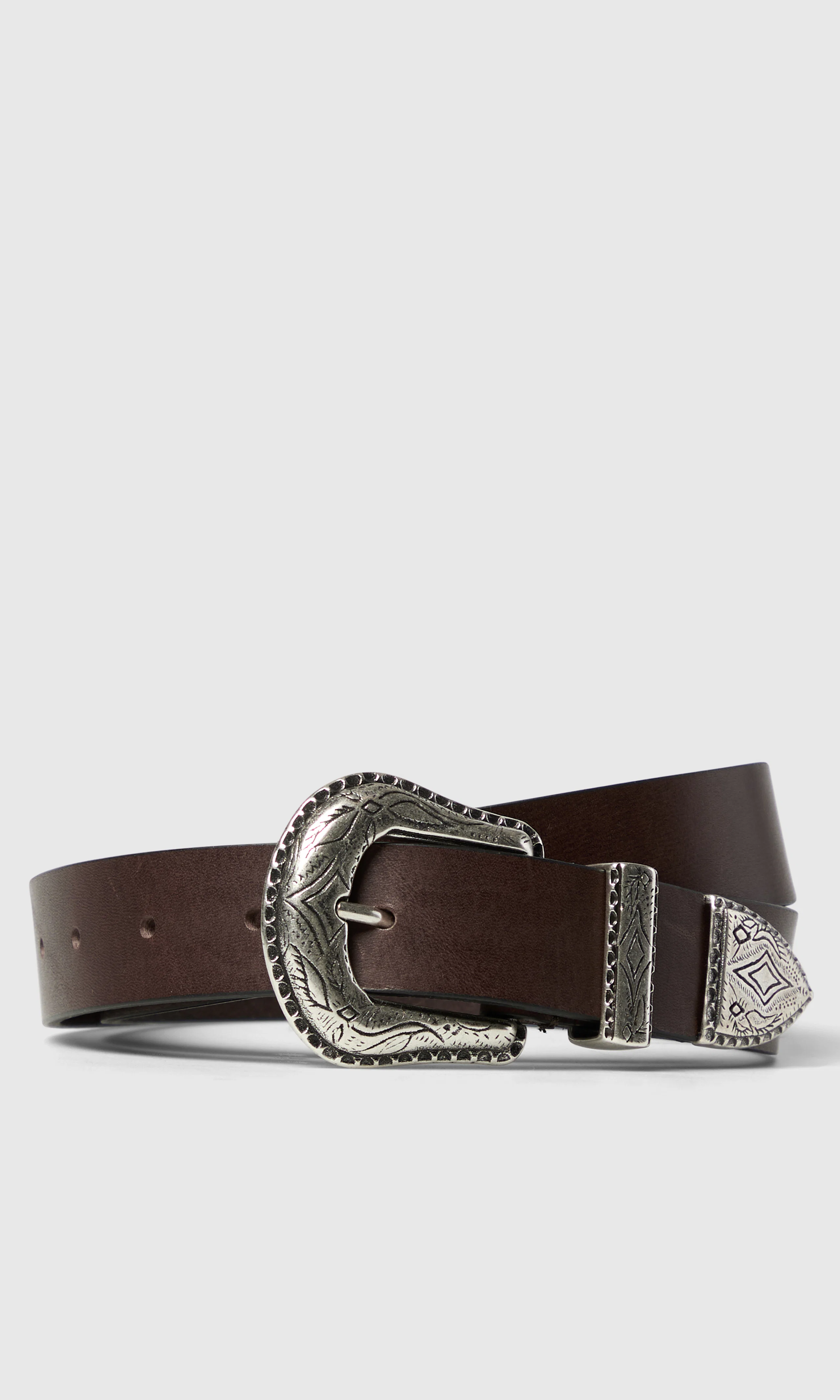 Leather Cowboy Brun Skinnbelte. Front. Flat.