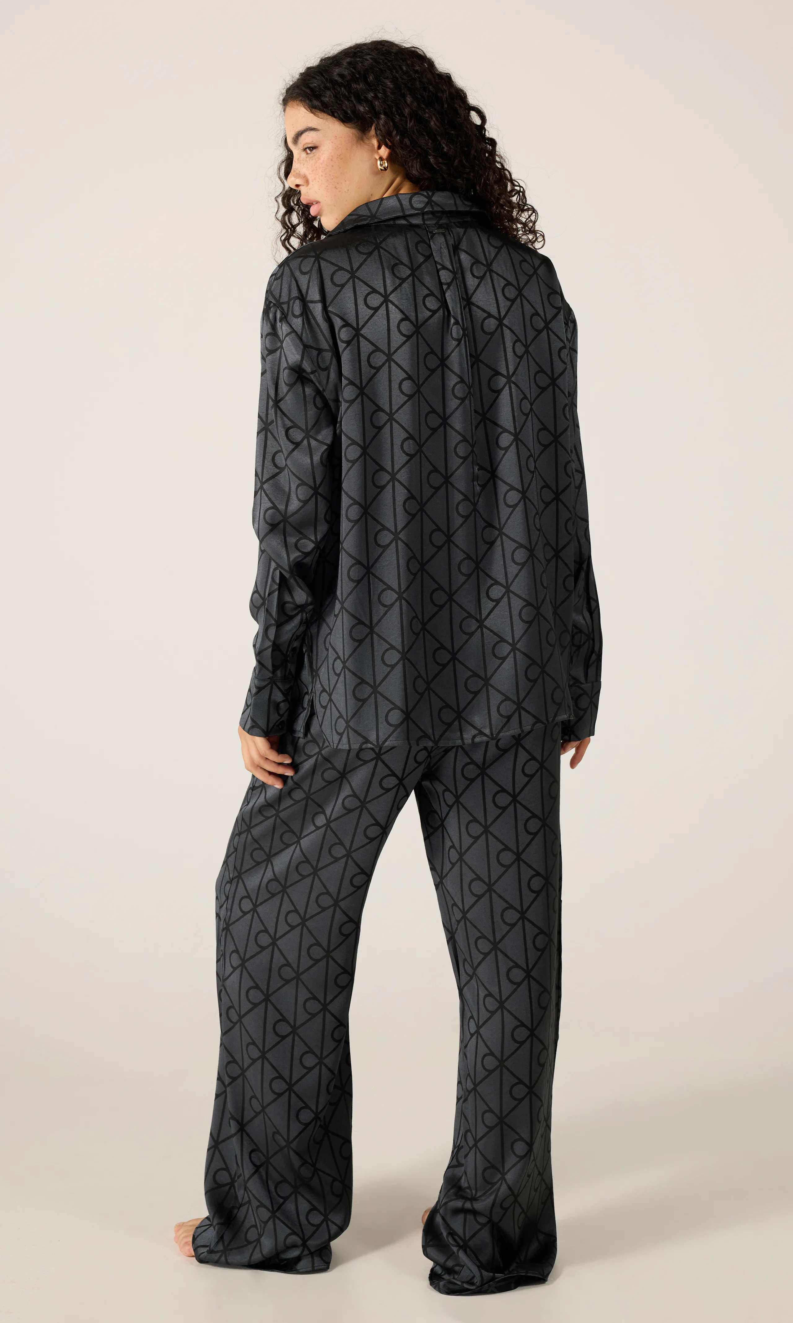 Satin Sheen Print Pyjama. Back. Model.