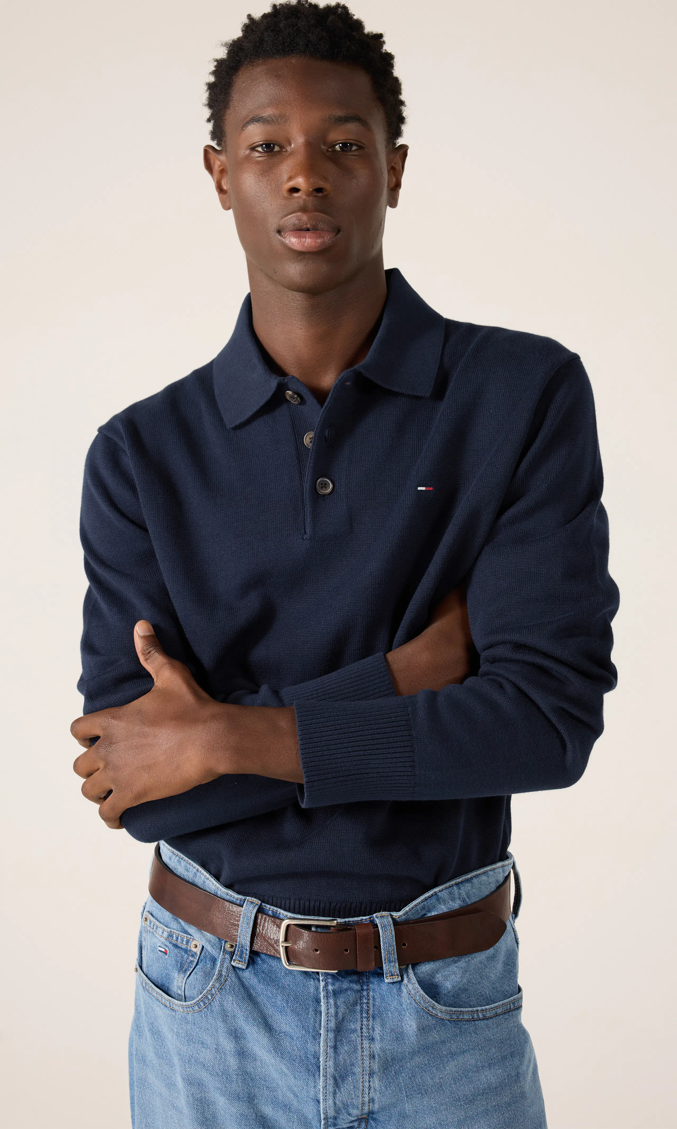 Slim Essential Polo Long Sleeve. Front. Model.