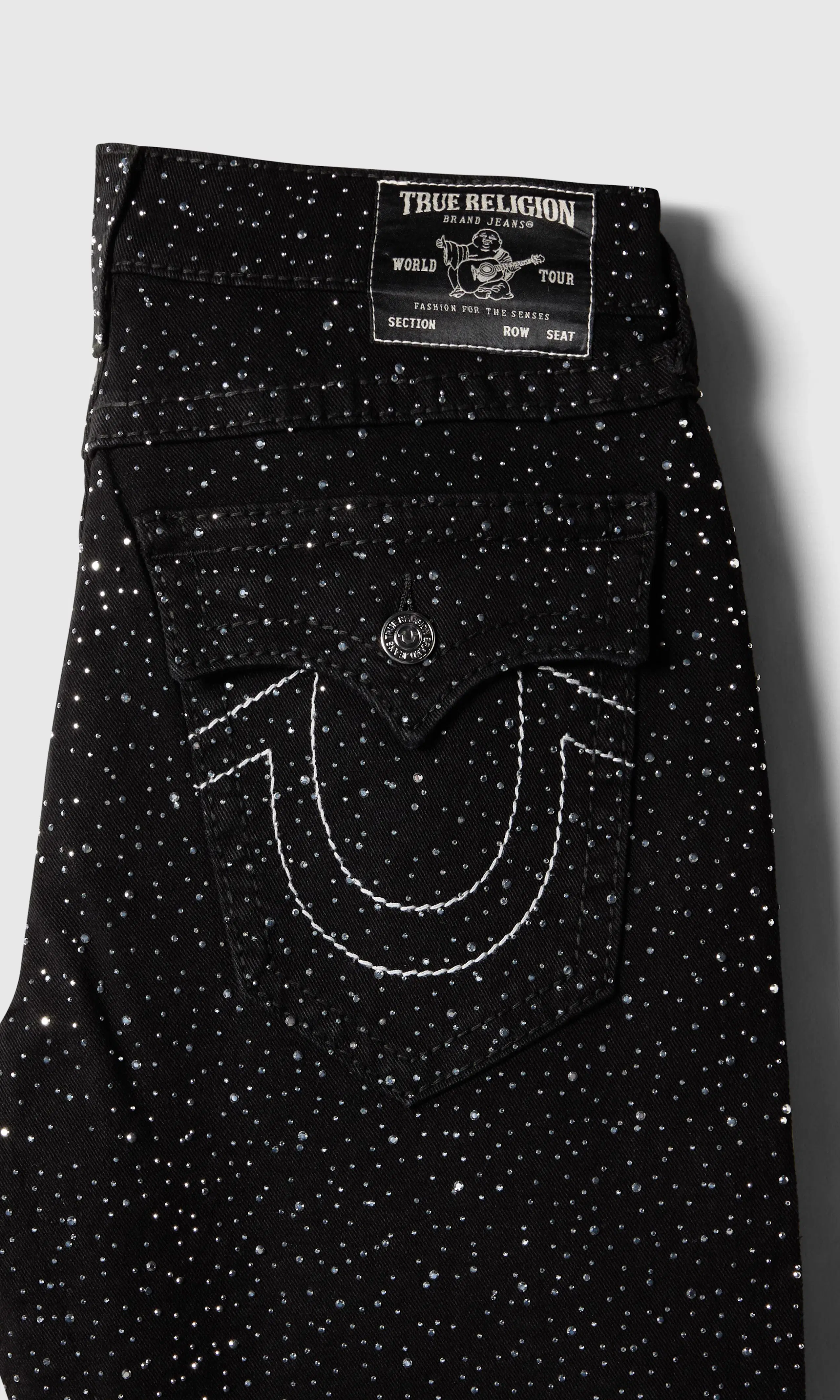 Bobby Crystal Big T Flap Svarta Jeans. Detail 1. Flat.