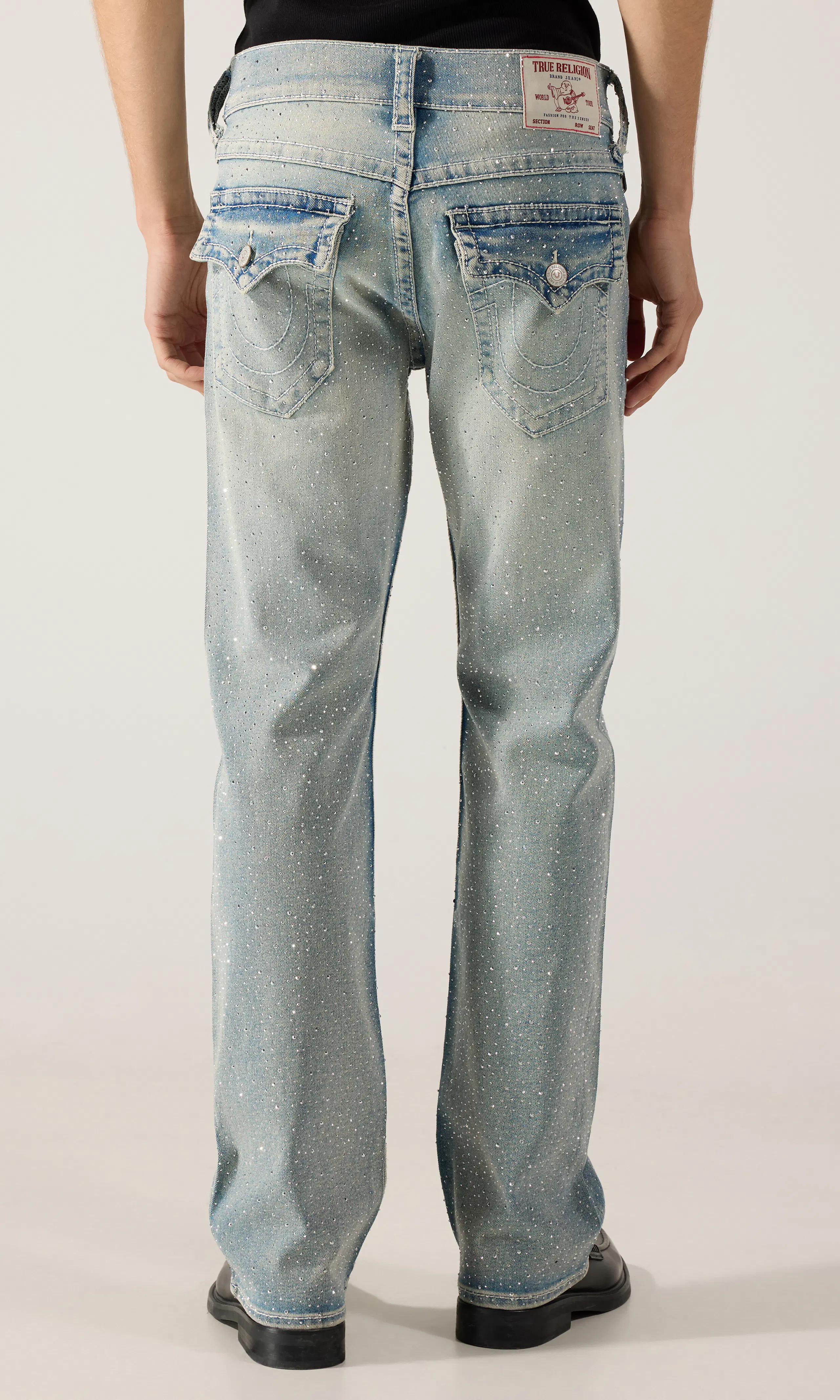 Billy Big T Flap Crystal Jeans. Back. Model.